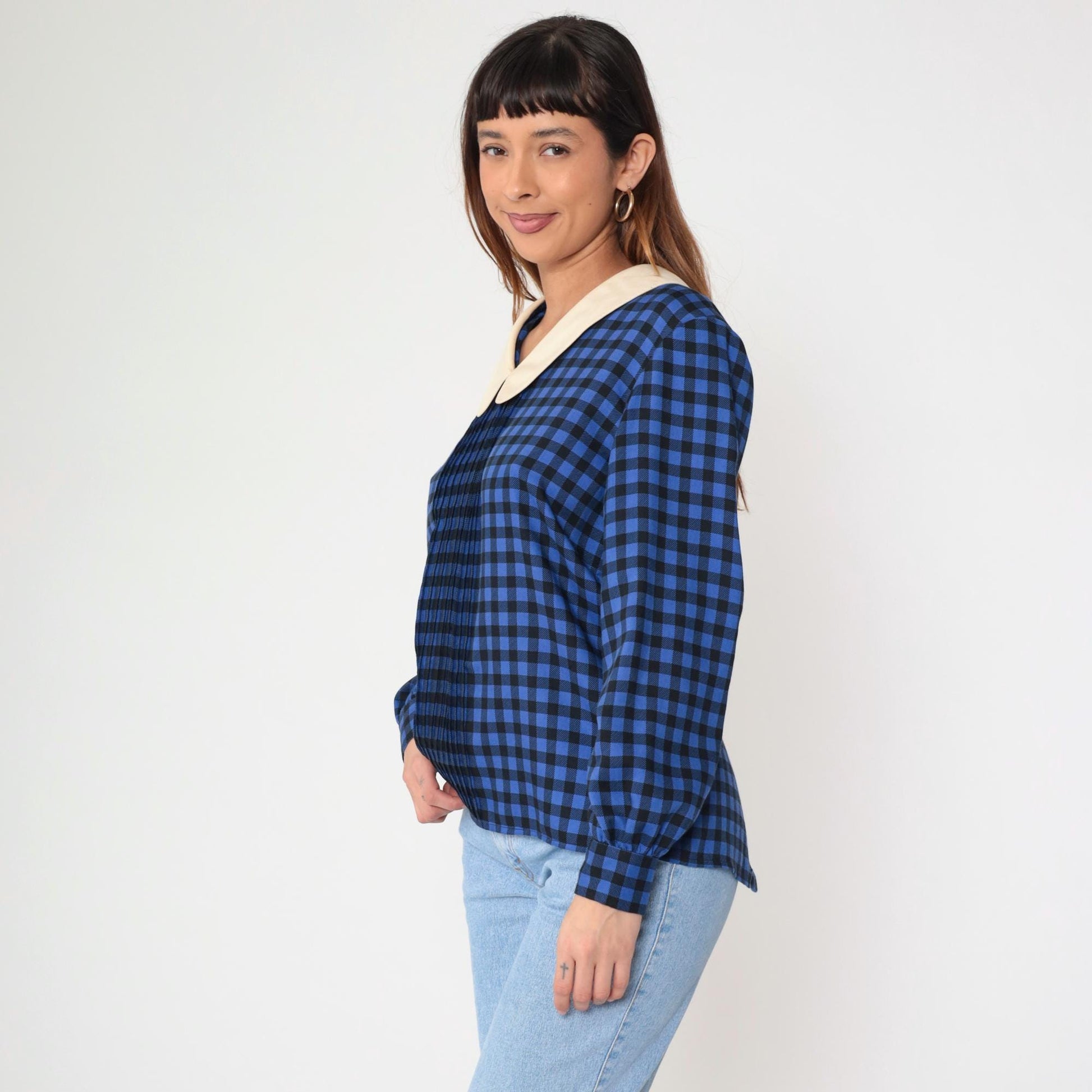 80s Albert Nipon Checkered Blouse Blue Black Gingham Cream Collar Medium