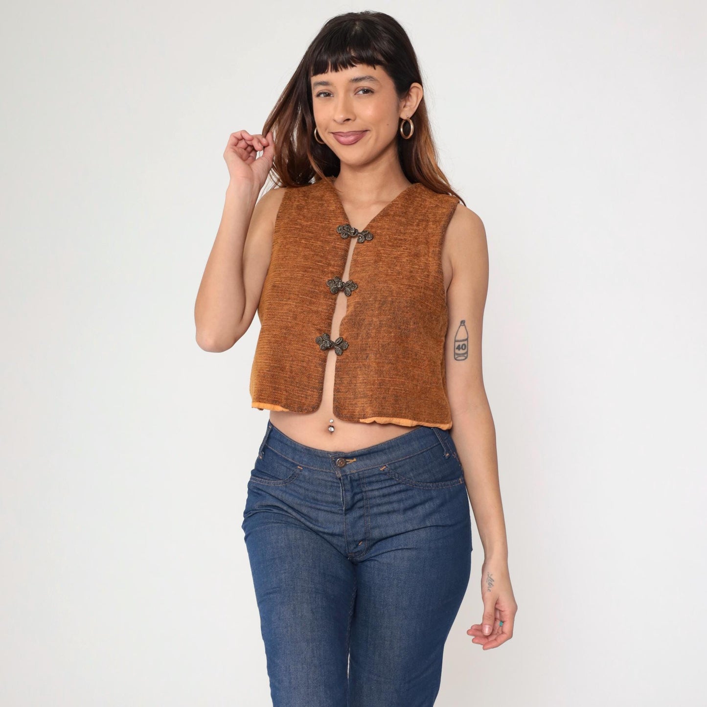 90s Burnt Orange Frog Closure Cropped Vest Woven Chinese Knot Medium