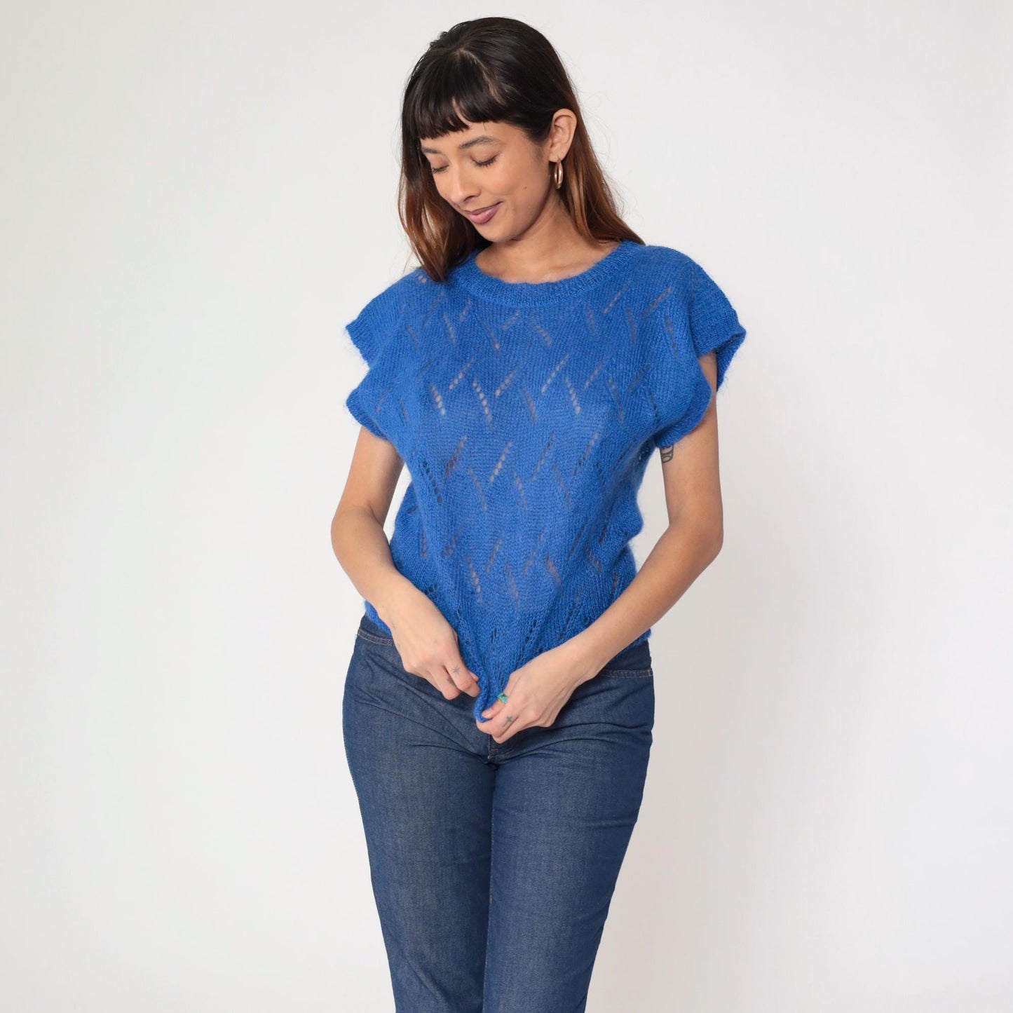 80s Jeanne Pierre Mohair Pointelle Sweater Top Royal Blue Cap Sleeve Small