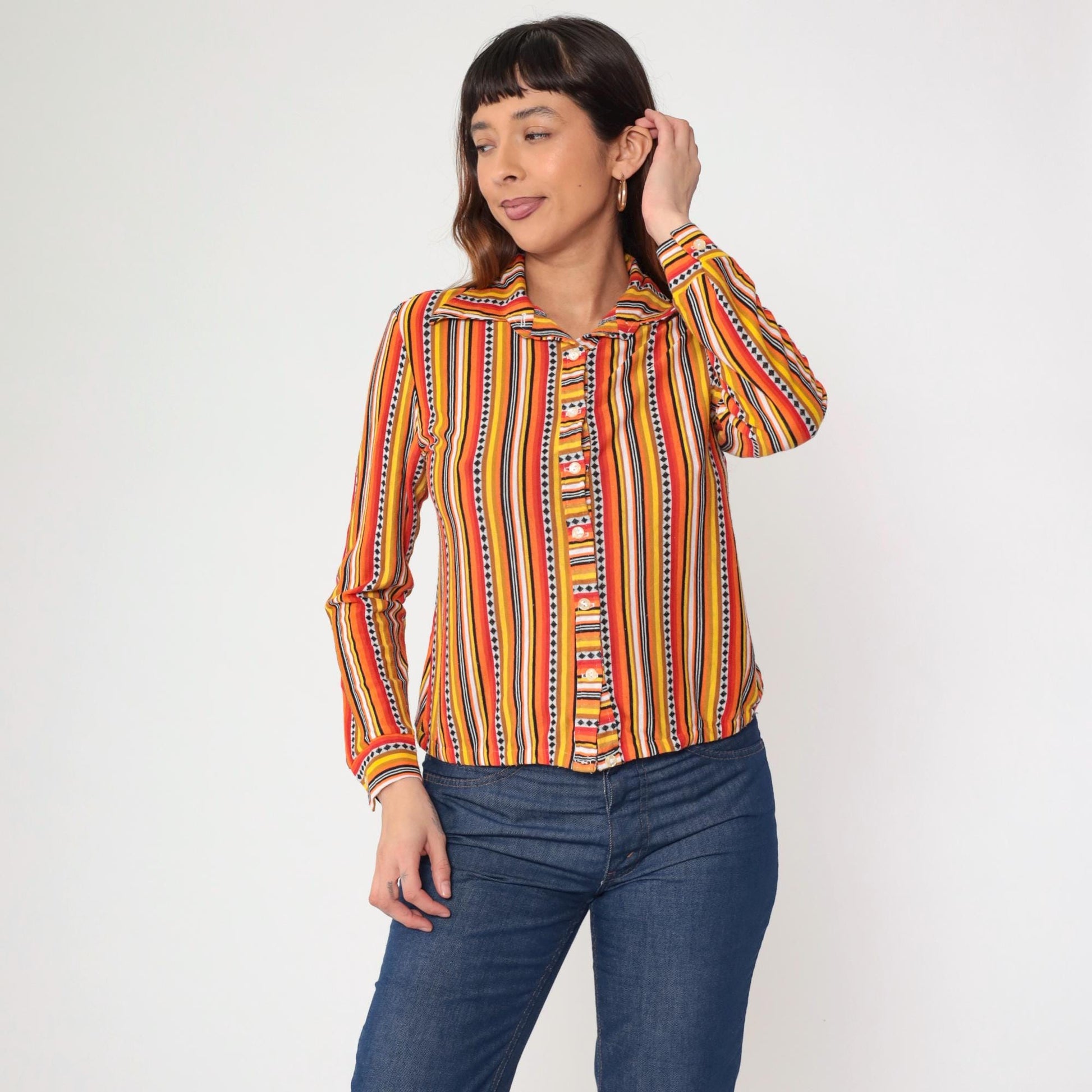70s Orange Yellow Red Striped Button-Up Shirt Dagger Collar Long Sleeve Small