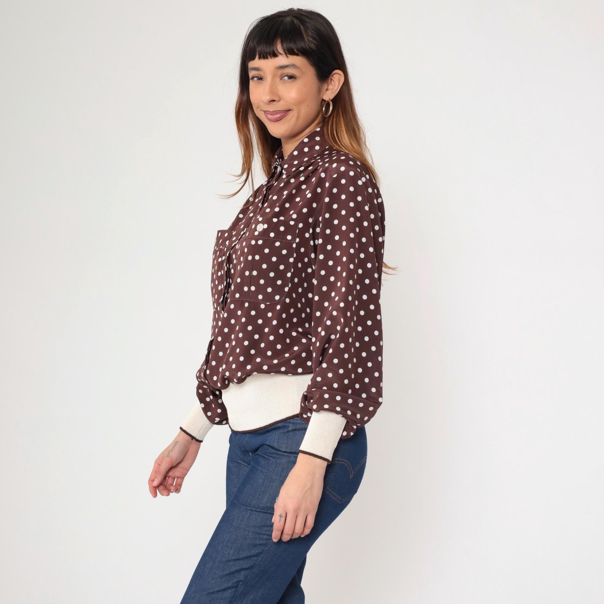 80s Brown Polka Dot Button-Up Blouse Long Sleeve Banded Hem Large
