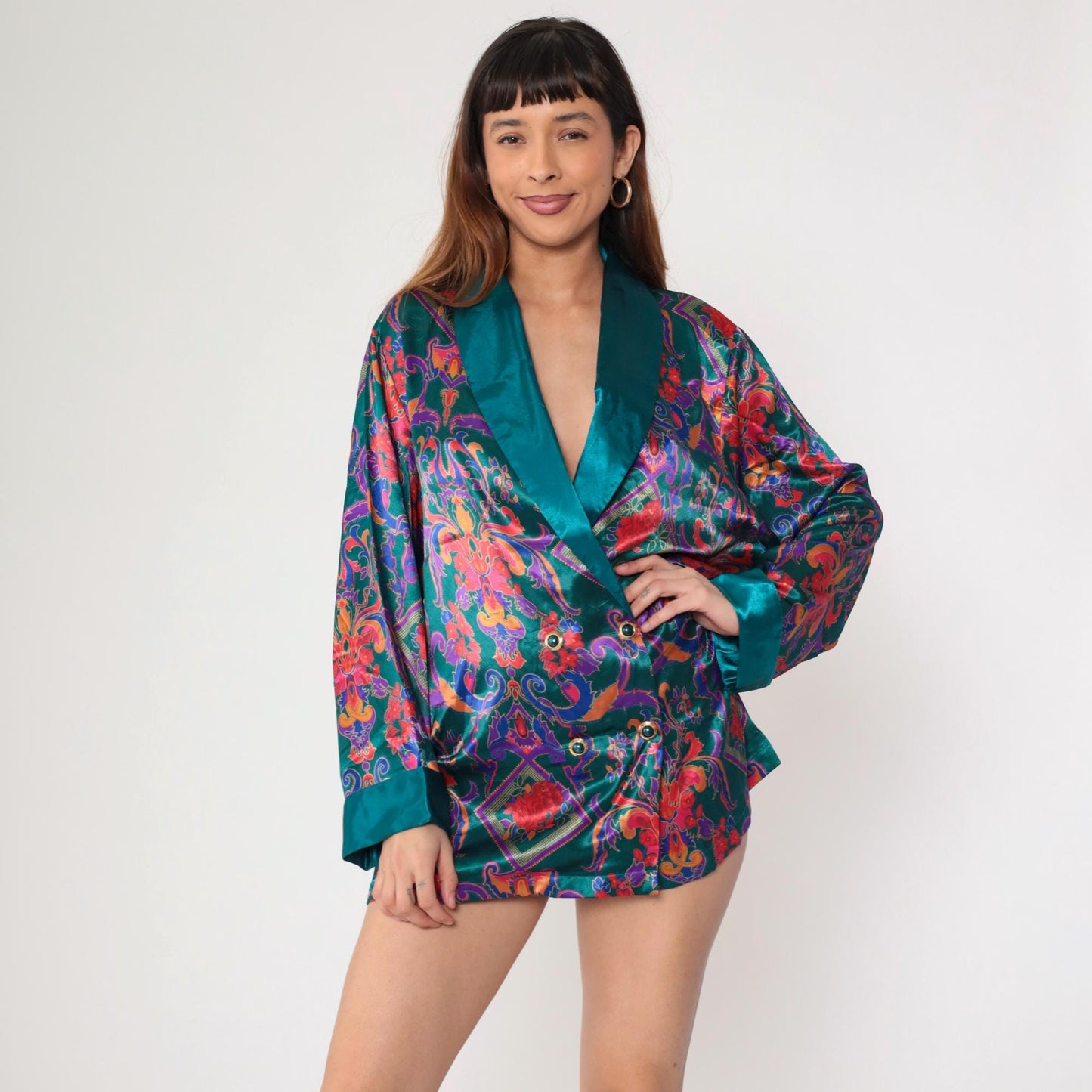 90s Victoria's Secret Teal Satin Pajama Top Baroque Floral Double Breasted Medium