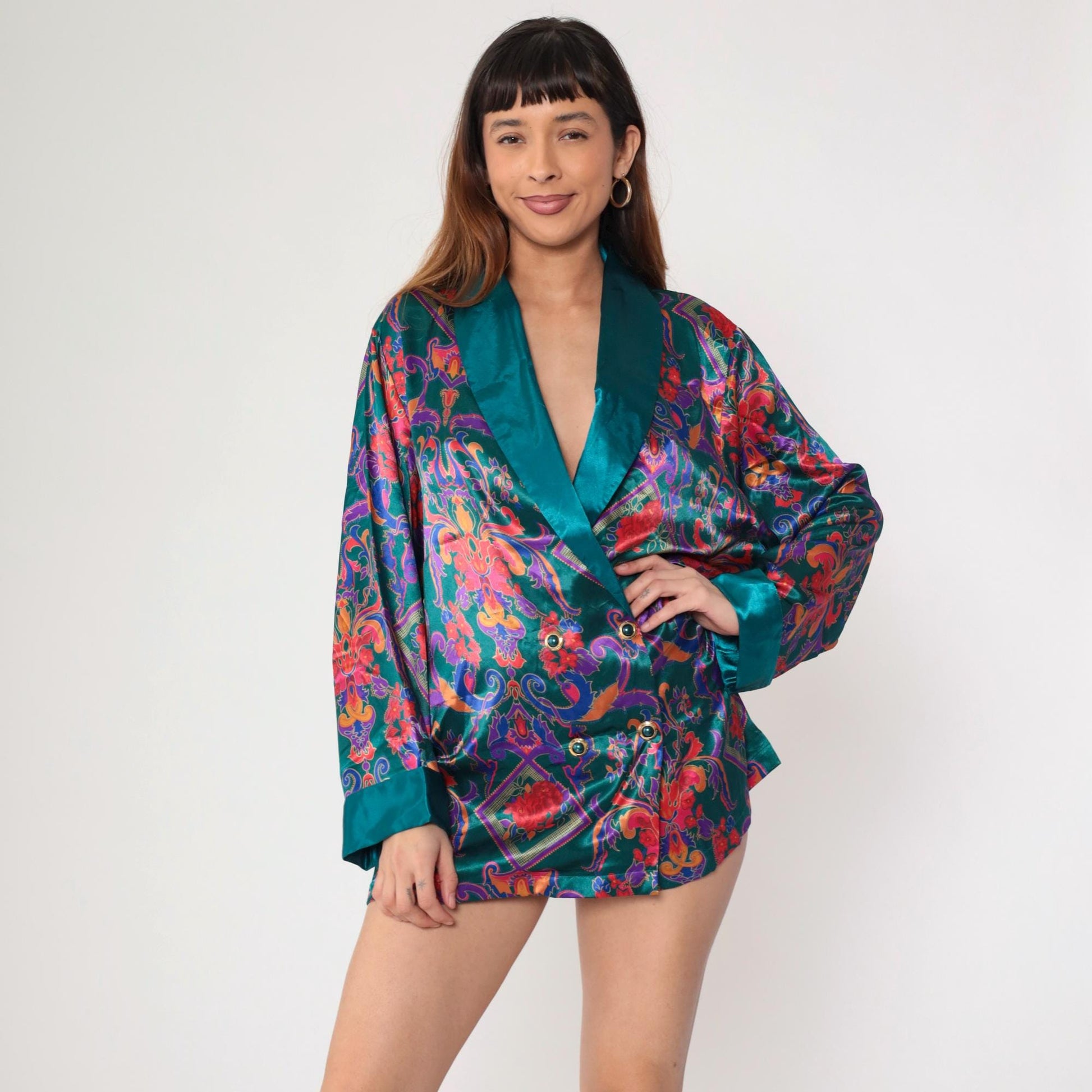 90s Victoria's Secret Teal Satin Pajama Top Baroque Floral Double Breasted Medium