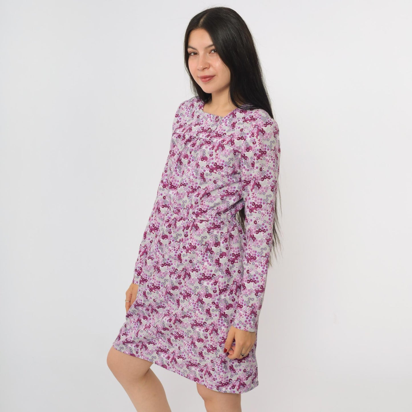 70s Purple Floral Abstract Mini Dress Long Sleeve High Waist Square Neck Small