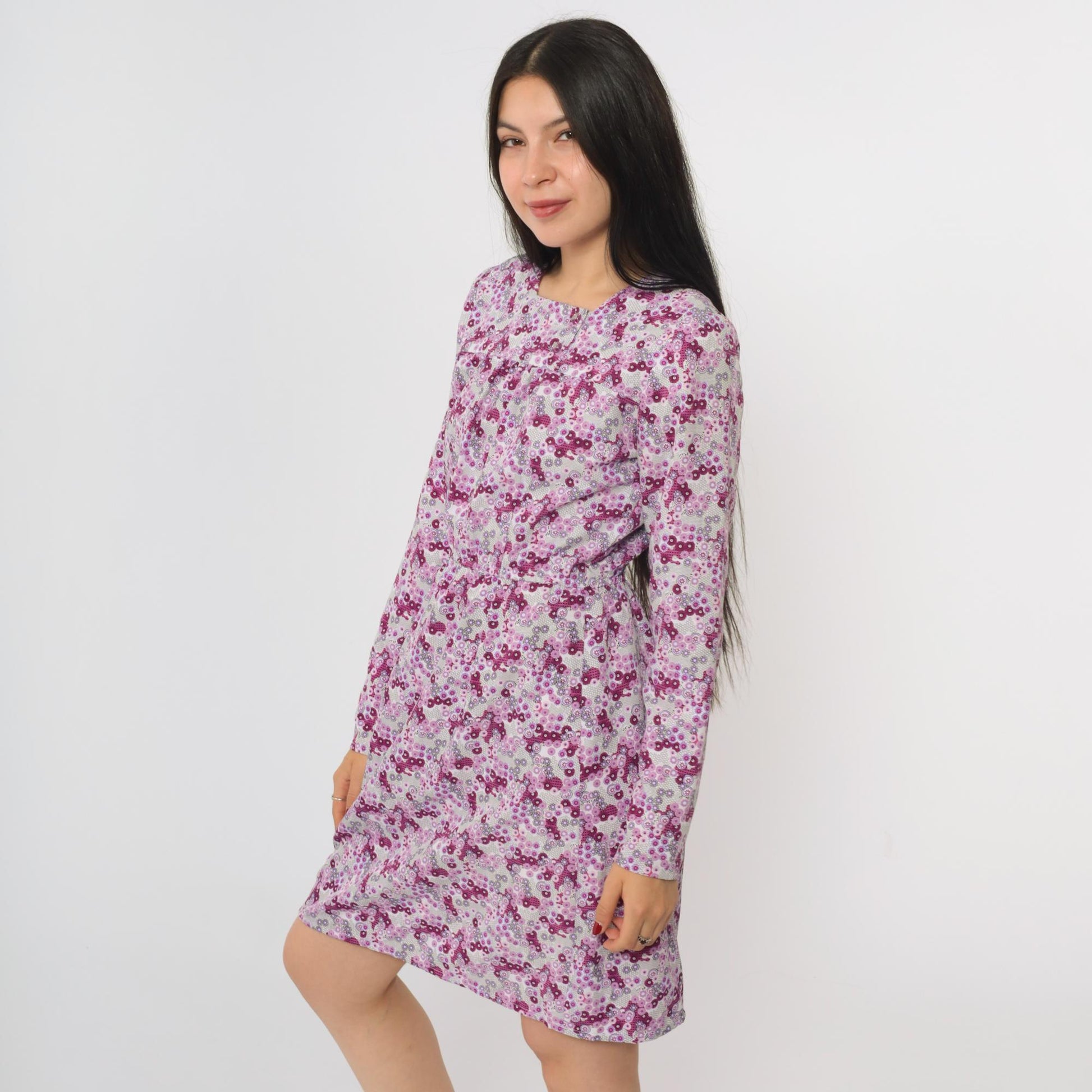 70s Purple Floral Abstract Mini Dress Long Sleeve High Waist Square Neck Small
