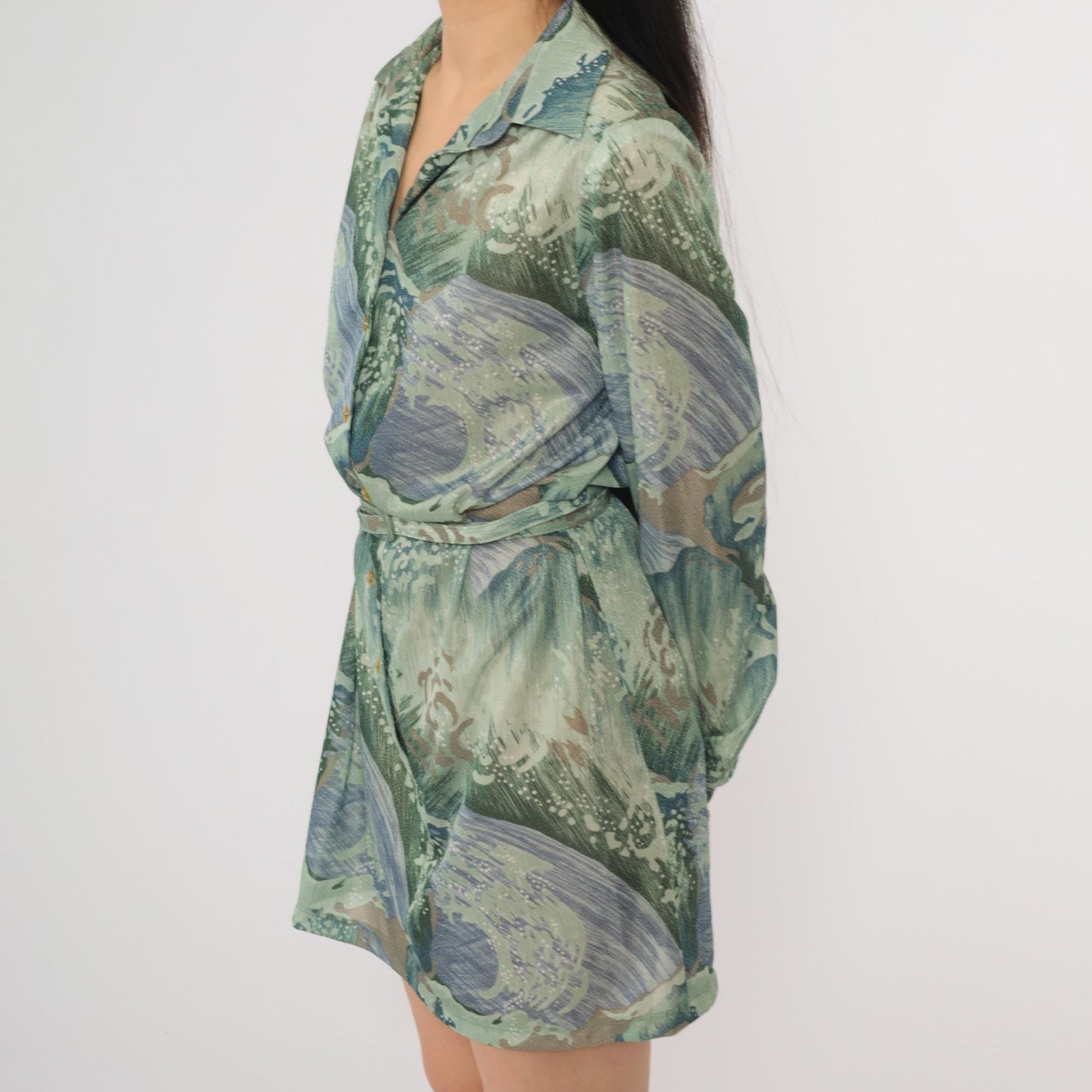 70s Abstract Wave Print Mini Shift Dress Button Up Long Sleeve Green Blue Medium M