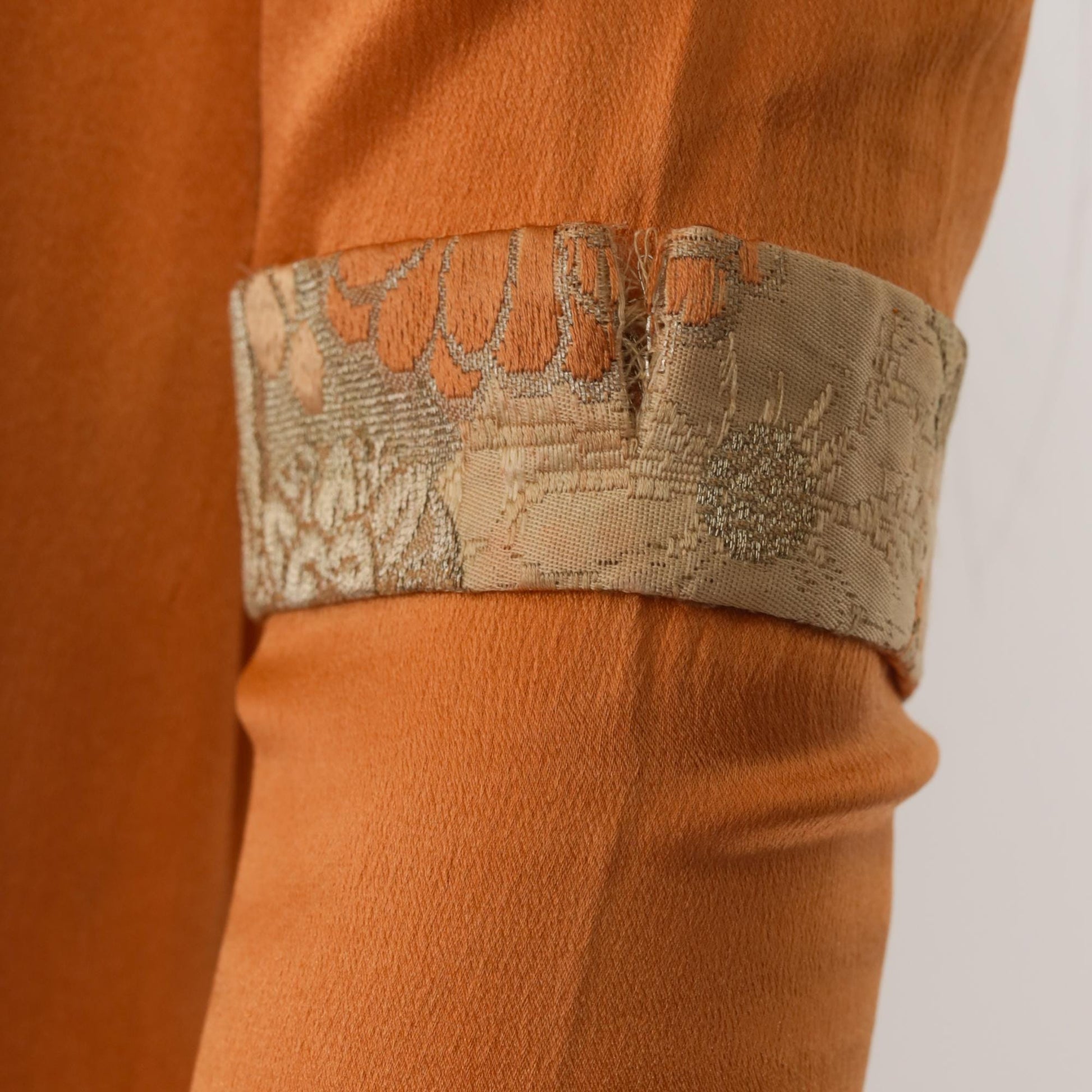 70s Orange Satin Midi Dress Floral Brocade Trim Tie Waist Puff Sleeve Small