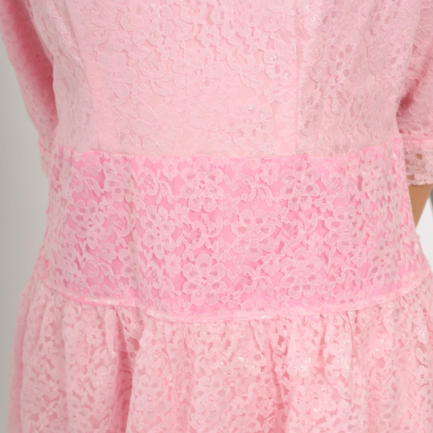 80s Baby Pink Lace Mini Dress Drop Waist Half Sleeve Gathered Skirt Medium M