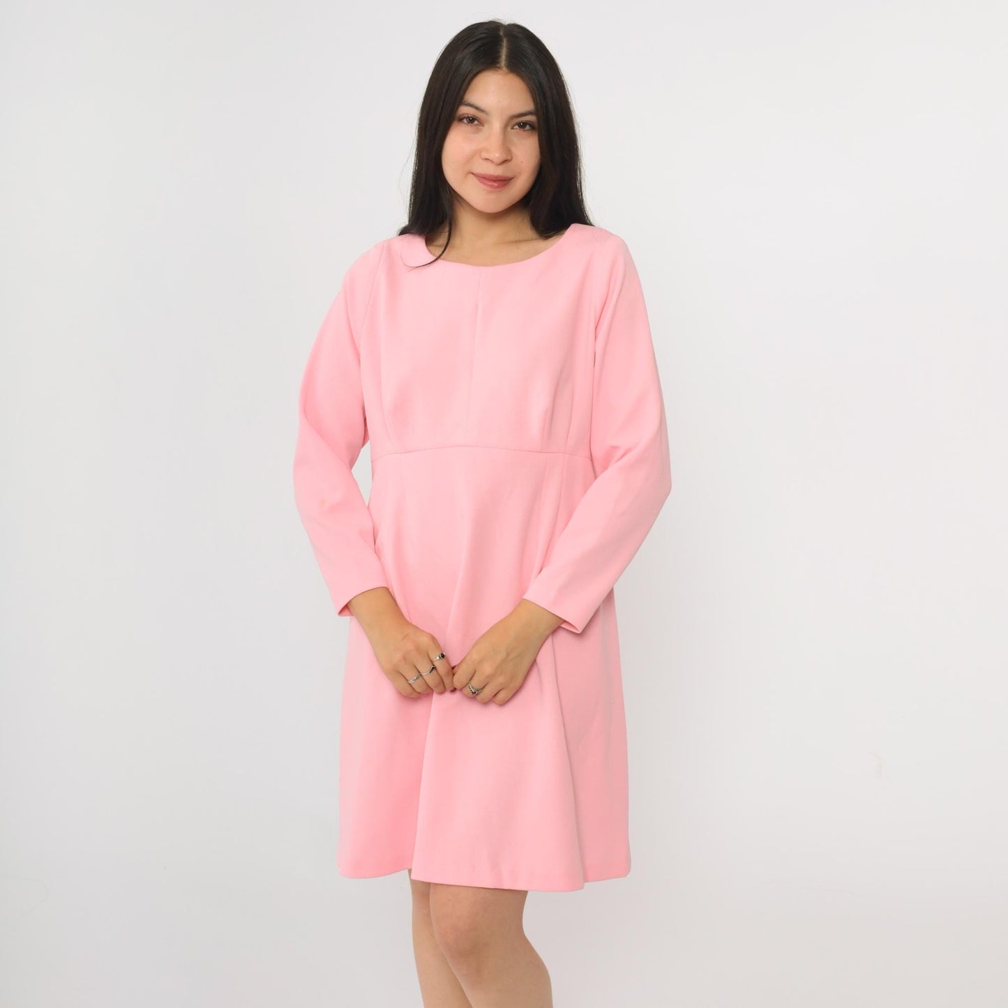 70s Pink Empire Waist Mini Dress Long Sleeve Flared Skirt Medium M