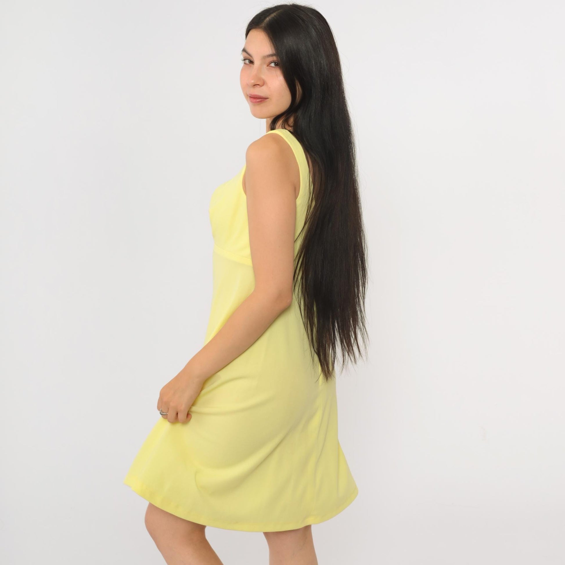 70s Yellow Babydoll Mini Dress Empire Waist Scoop Neck Sleeveless Small