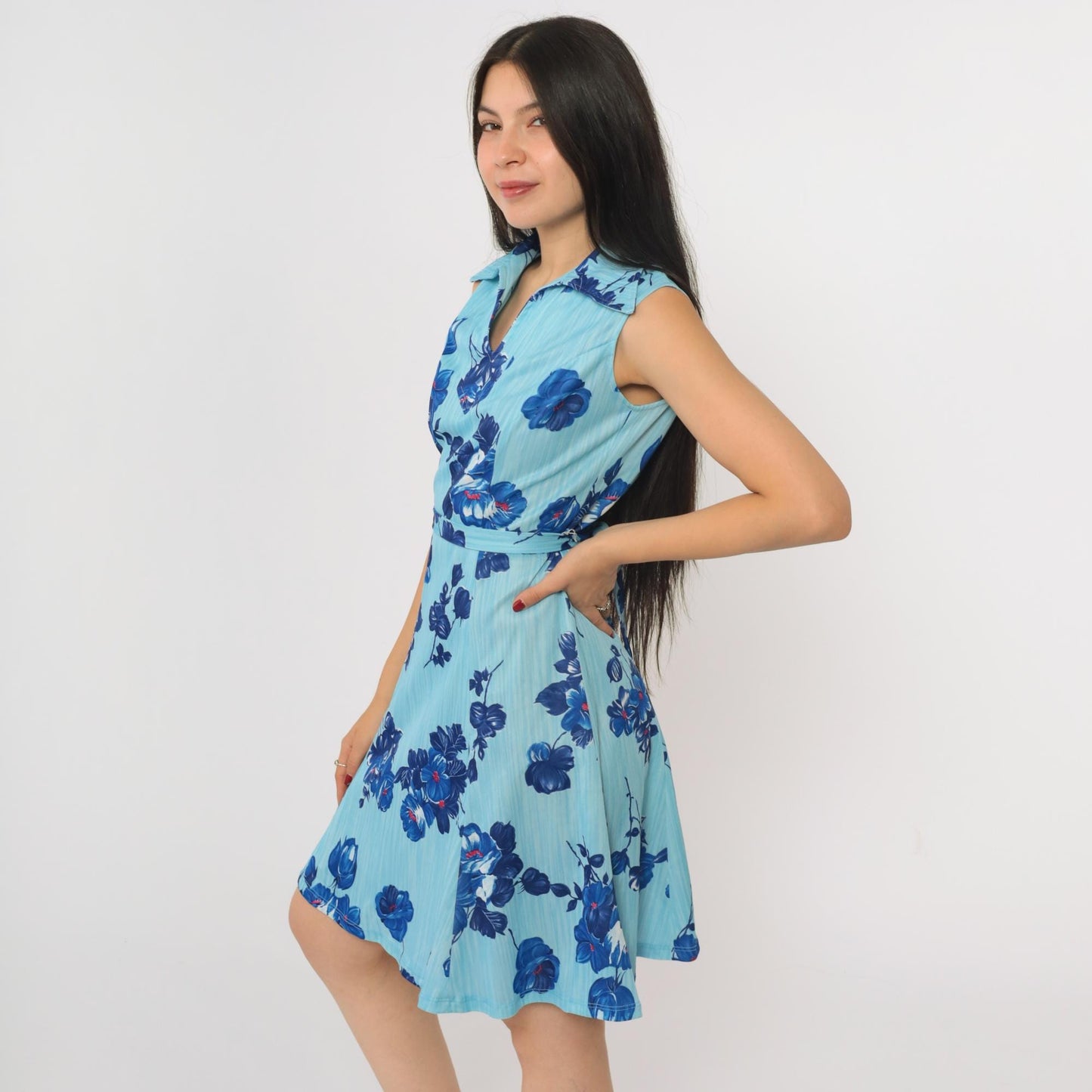 70s Mod Floral Mini Dress Two-Tone Blue A-Line Shift Sleeveless Small