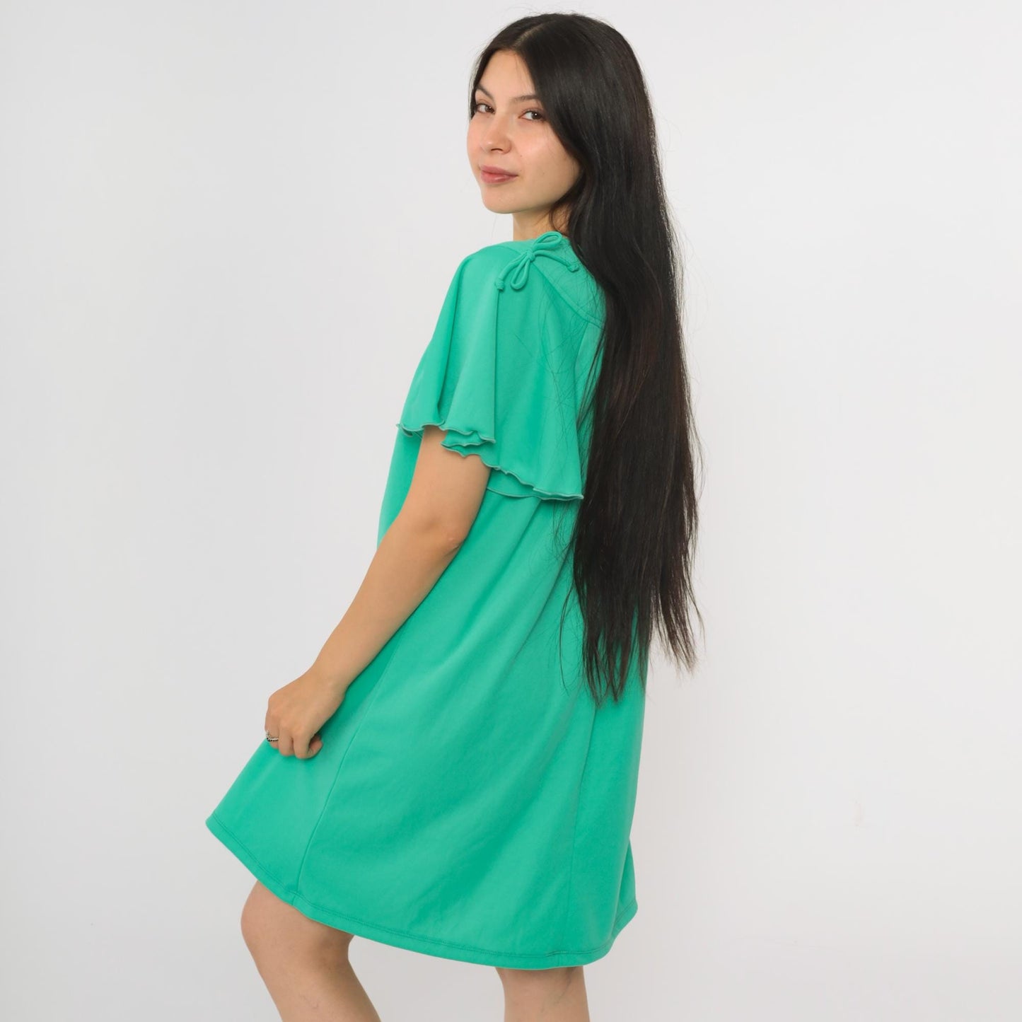 70s Green Flutter Sleeve Mini Dress Tent Cut Lettuce Edge Large L