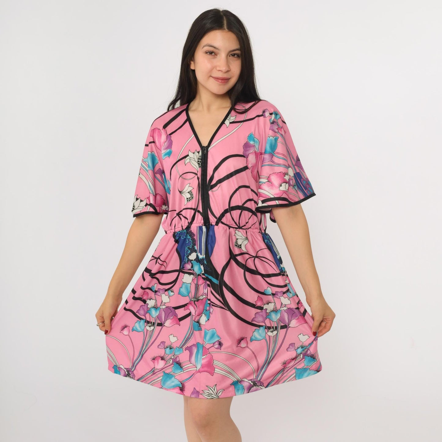 70s Pink Floral Mini Dress V Neck Flutter Sleeve High Waist Zip Front Medium