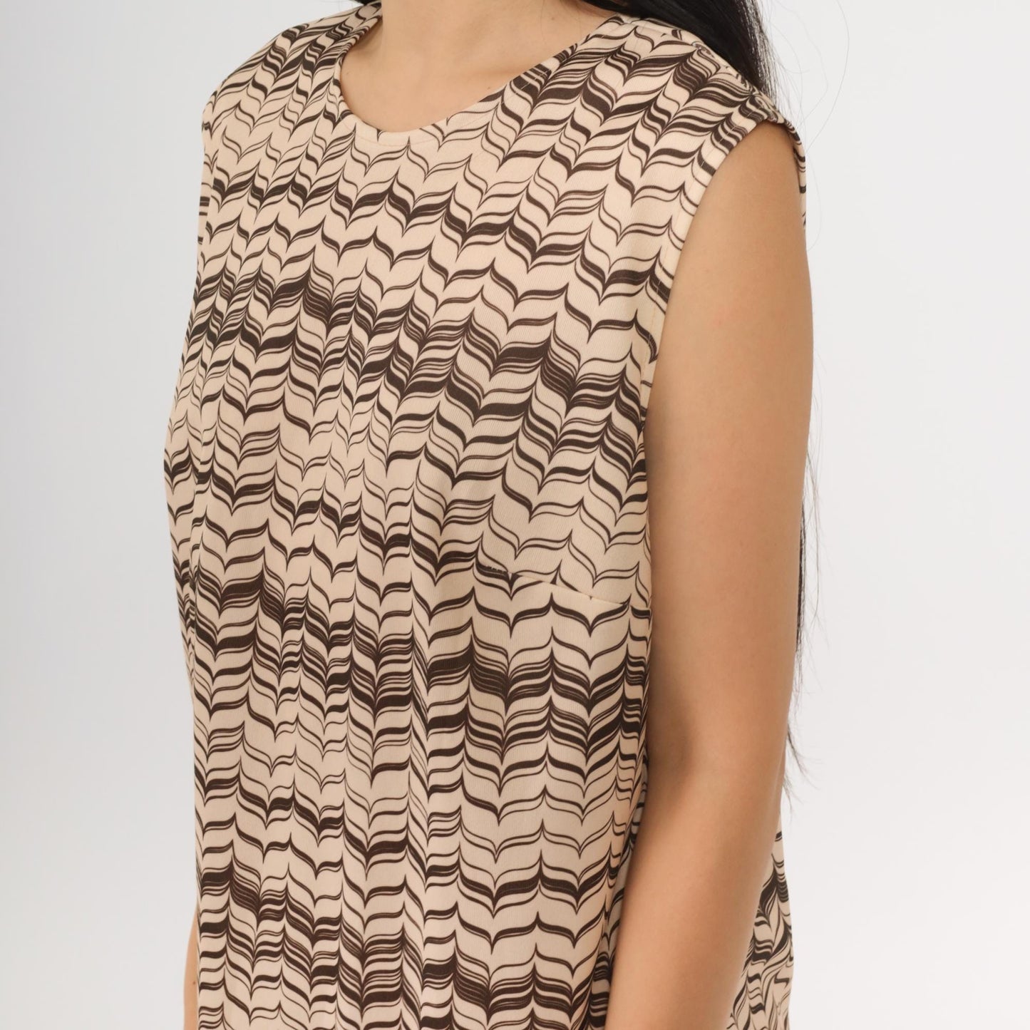 70s Op Art Striped Shift Dress Beige Brown Sleeveless Mini Medium Large