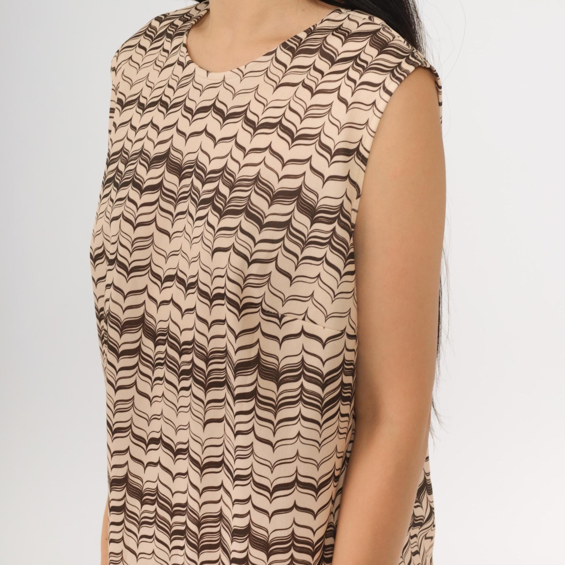 70s Op Art Striped Shift Dress Beige Brown Sleeveless Mini Medium Large
