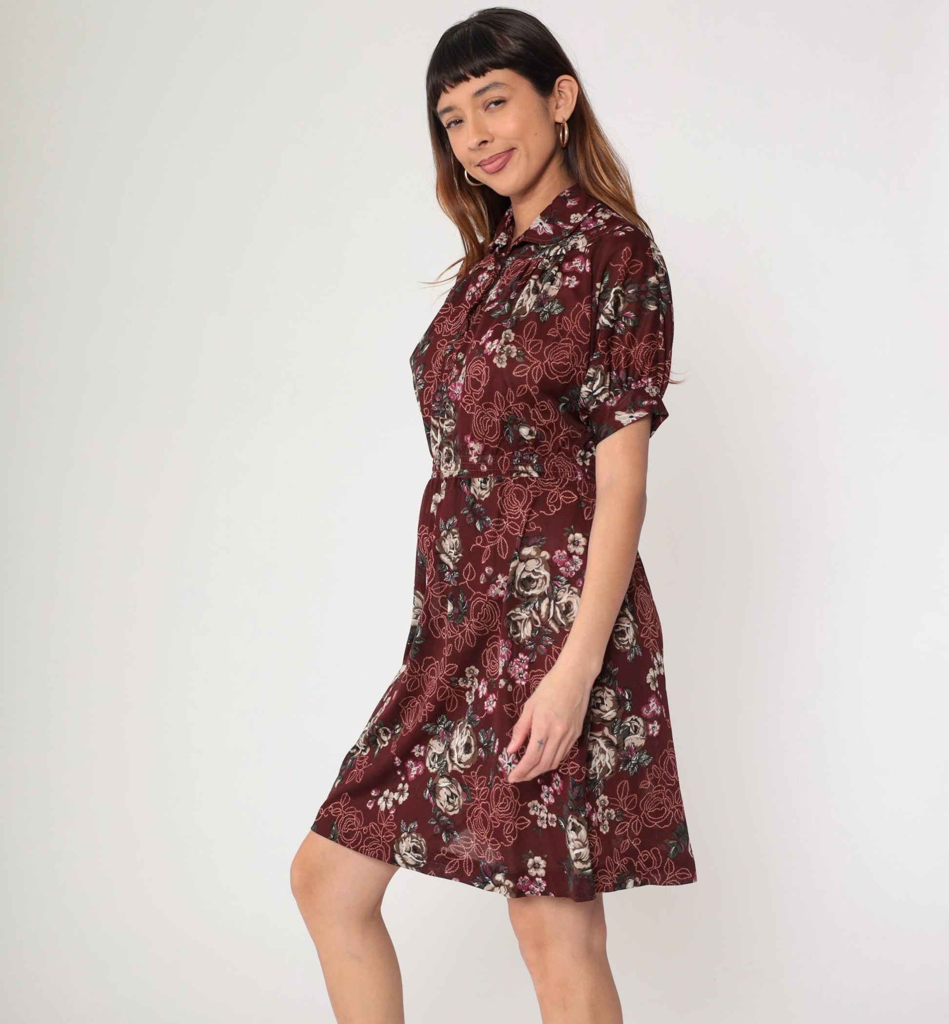 70s Maroon Floral Mini Dress High Waist Puff Sleeve Button Up Small Medium