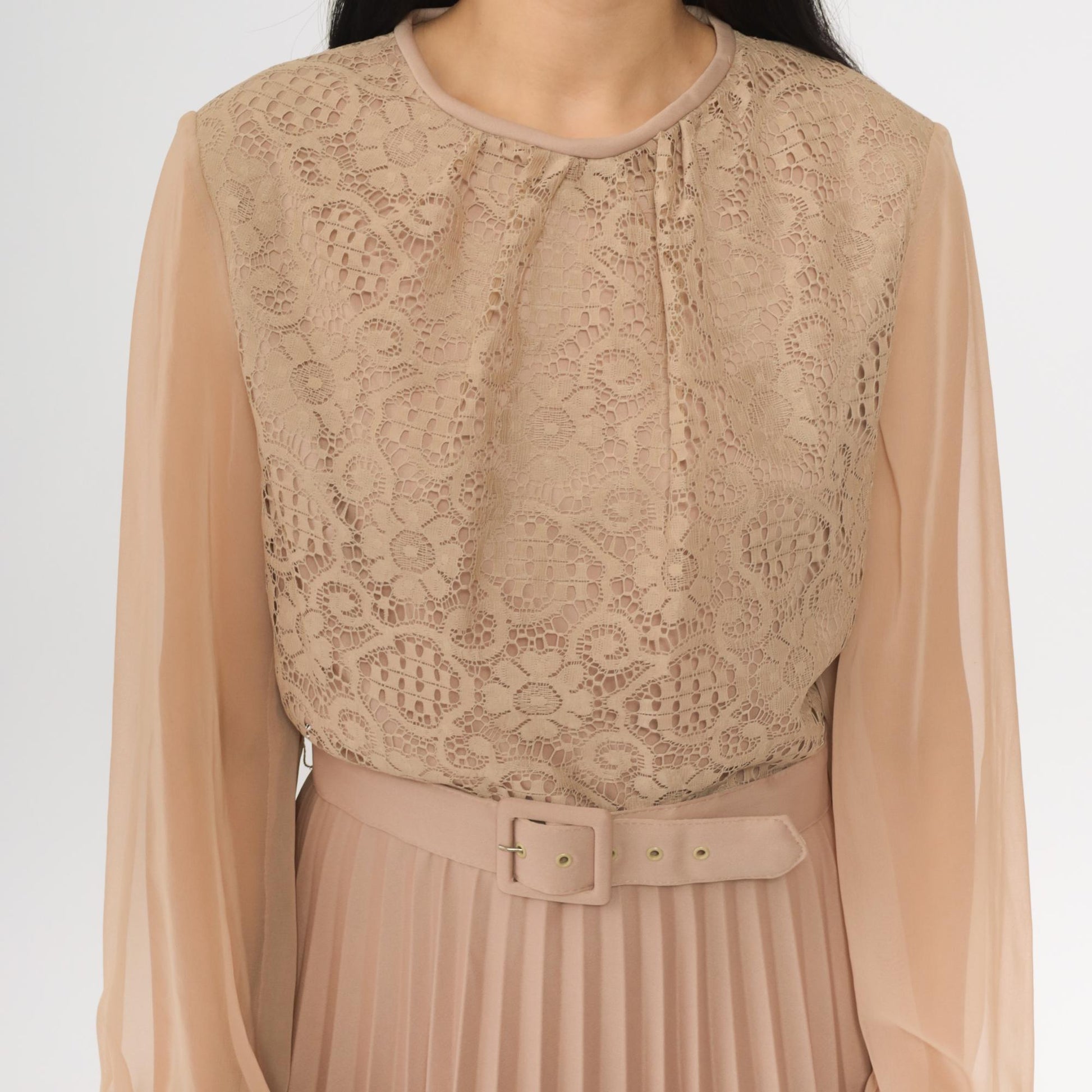 70s Taupe Lace Crochet Mini Dress High Waist Pleated Chiffon Sleeve Small