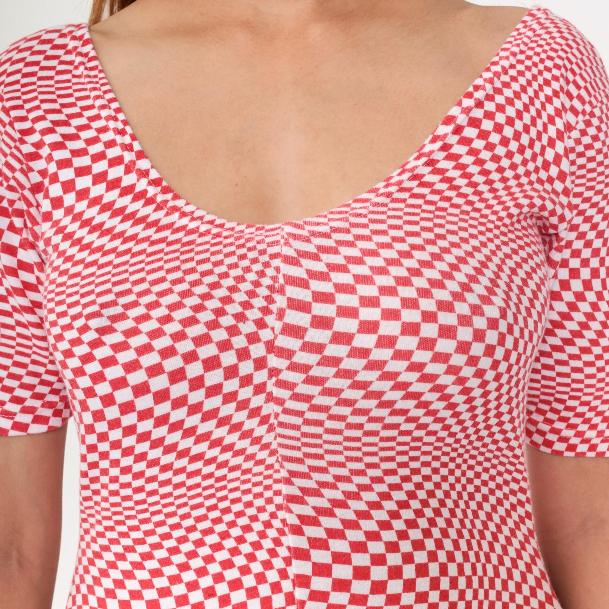 80s Op Art Red White Checkered Midi Dress Scoop Neck Fit Flare Medium Large
