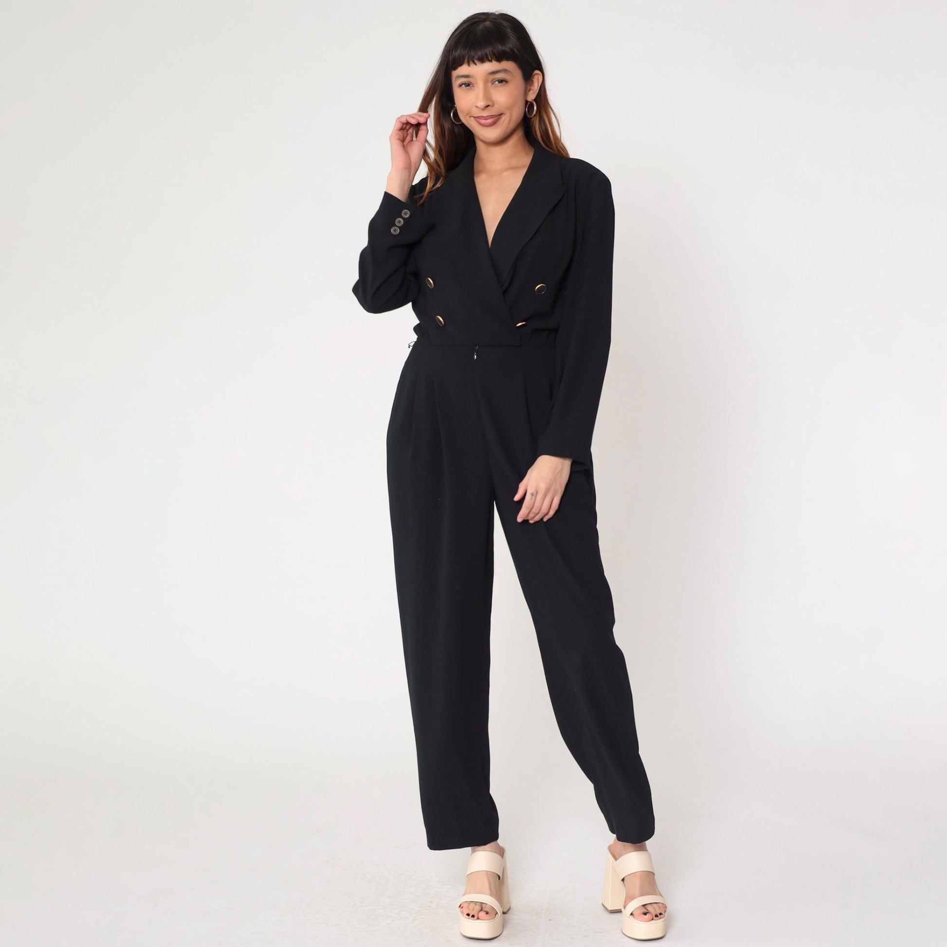 90s Liz Claiborne Black Double Breasted Jumpsuit Long Sleeve Small