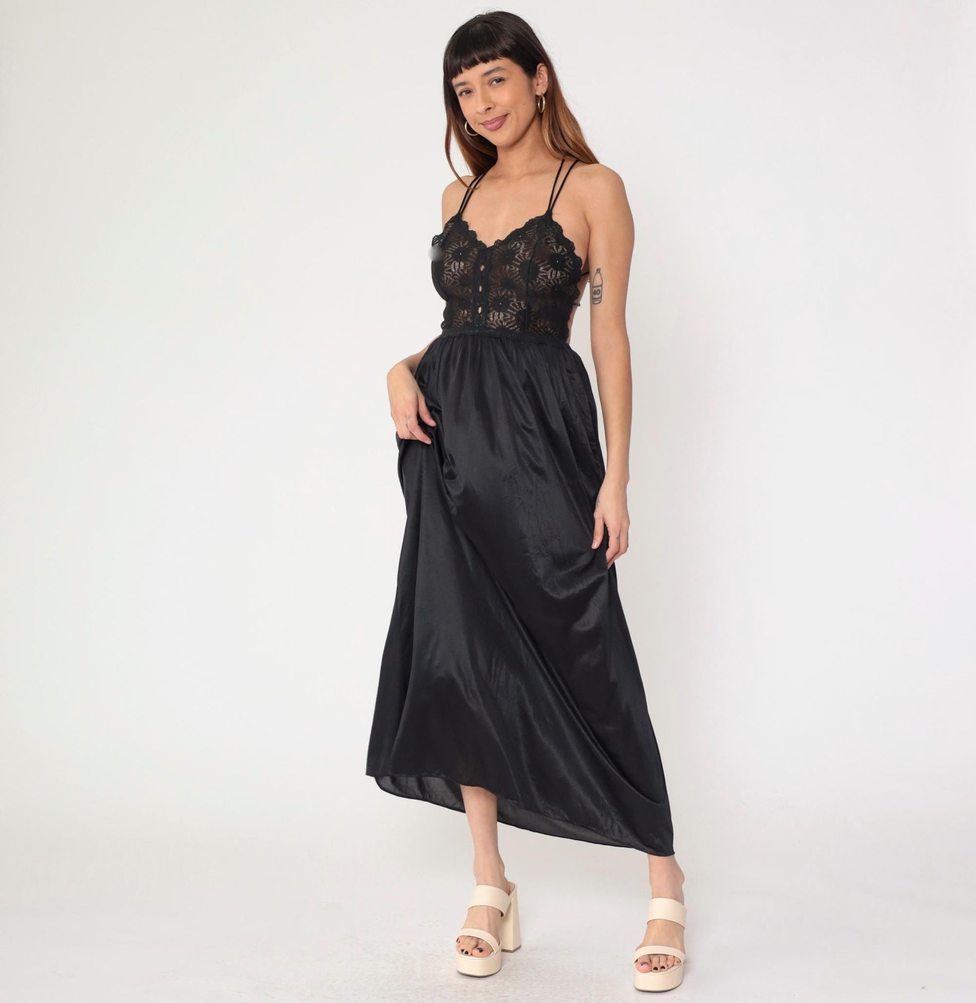 80s Black Lace Nylon Slip Dress Maxi Sweetheart Neckline Spaghetti Strap Small