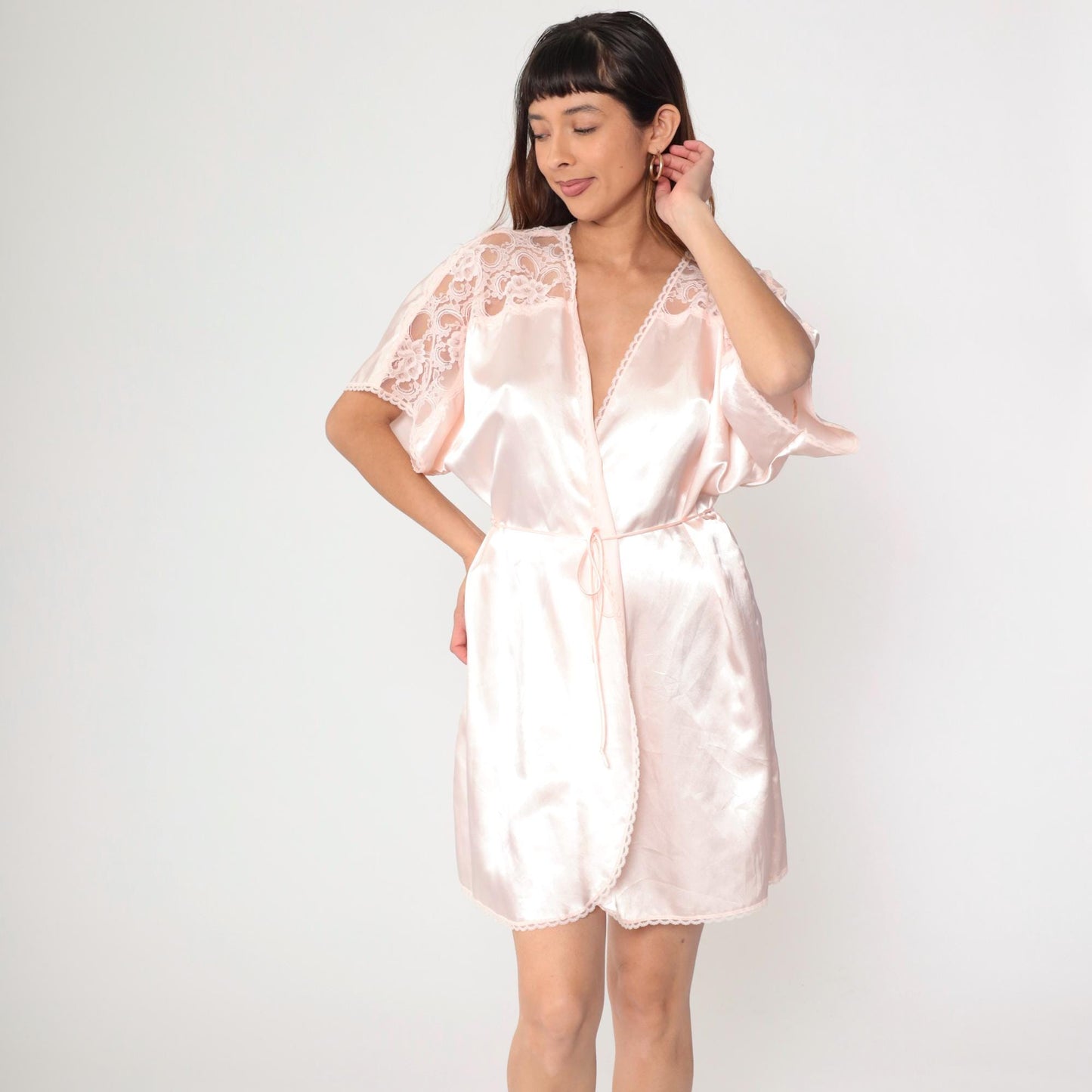 80s Baby Pink Satin Pajama Robe Lace Trim Wrap Belted Mini Medium