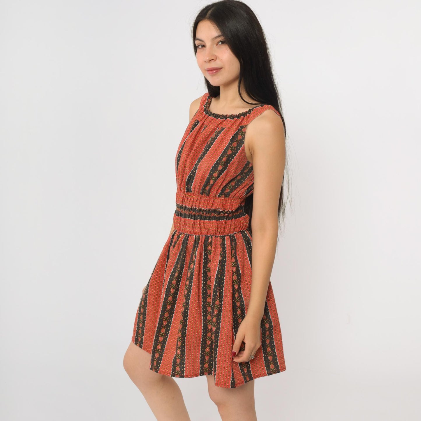 70s Heart Print Striped Peasant Dress Red Black Mini Sleeveless Small S