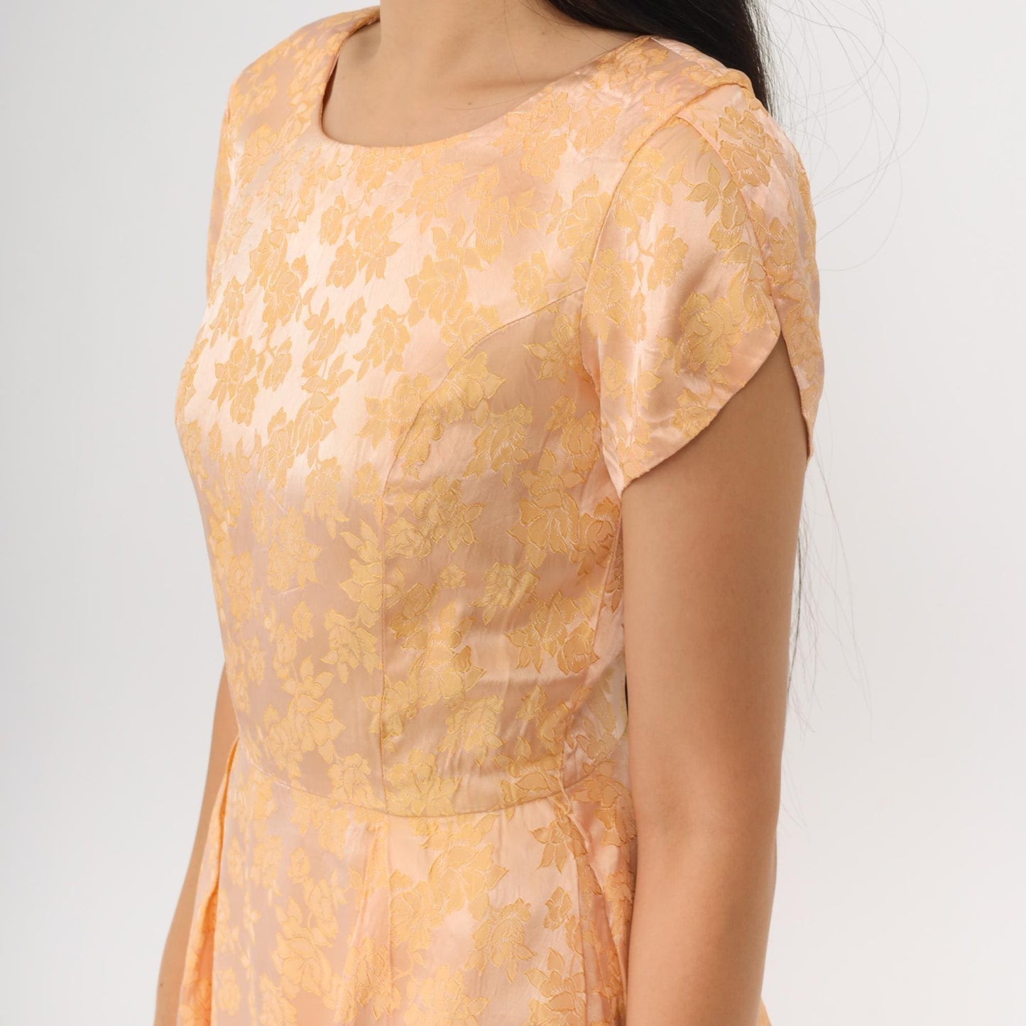 1960s Peach Yellow Floral Jacquard Party Dress Tulip Sleeve Mini Extra Small