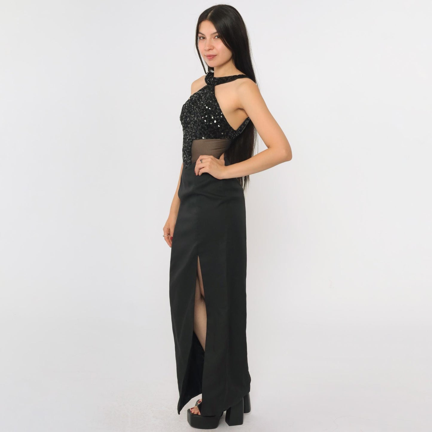 90s Black Sequin Halter Evening Gown Open Back High Slit Mesh Inset Extra Small