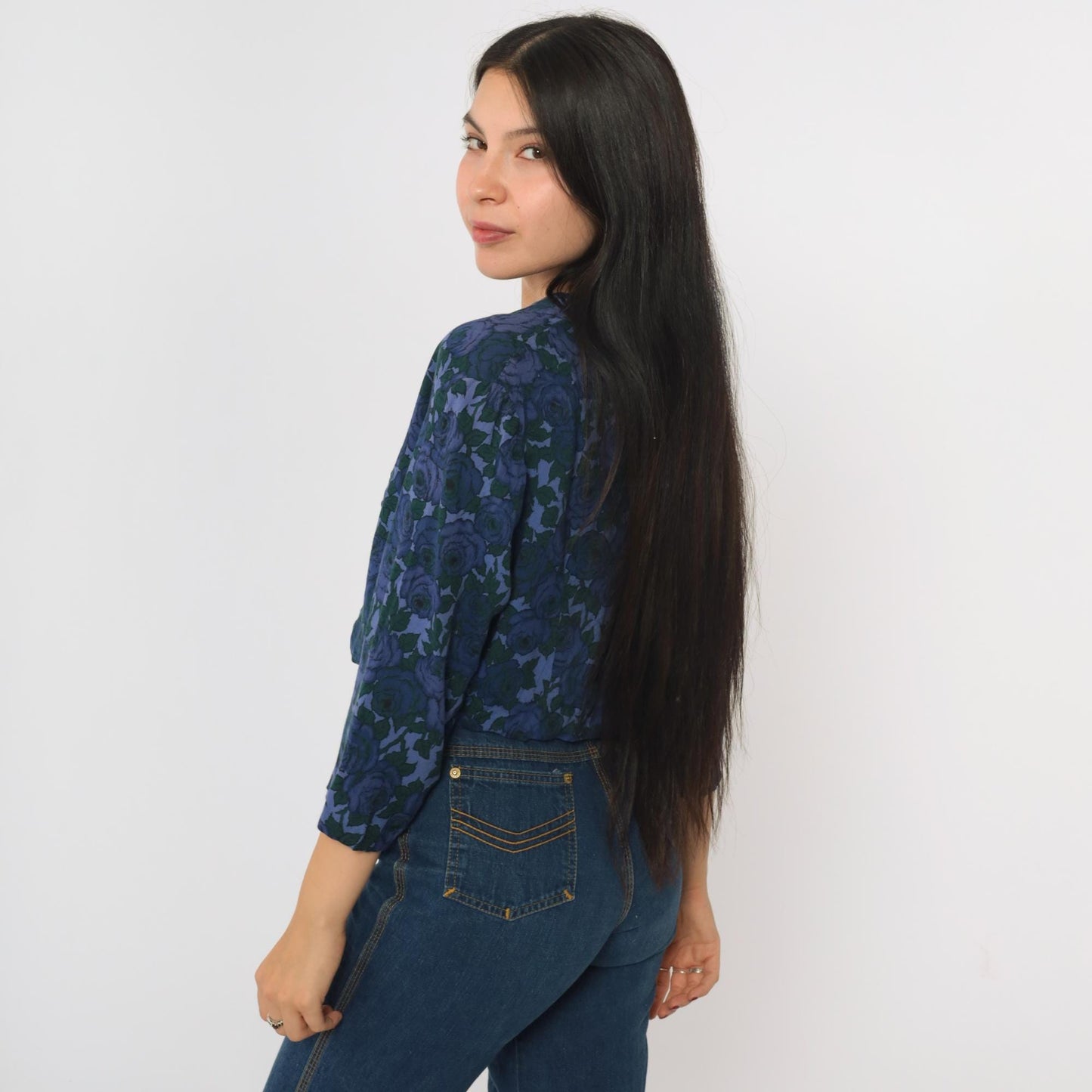 60s Floral Cropped Blouse Dark Blue Button-Up Collar Shirt 3/4 Sleeve Medium M