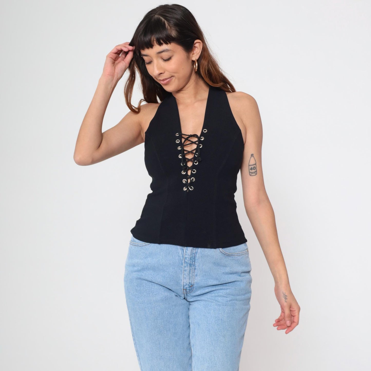Y2K Black Lace-Up Corset Tank Top Racerback Sleeveless Small S