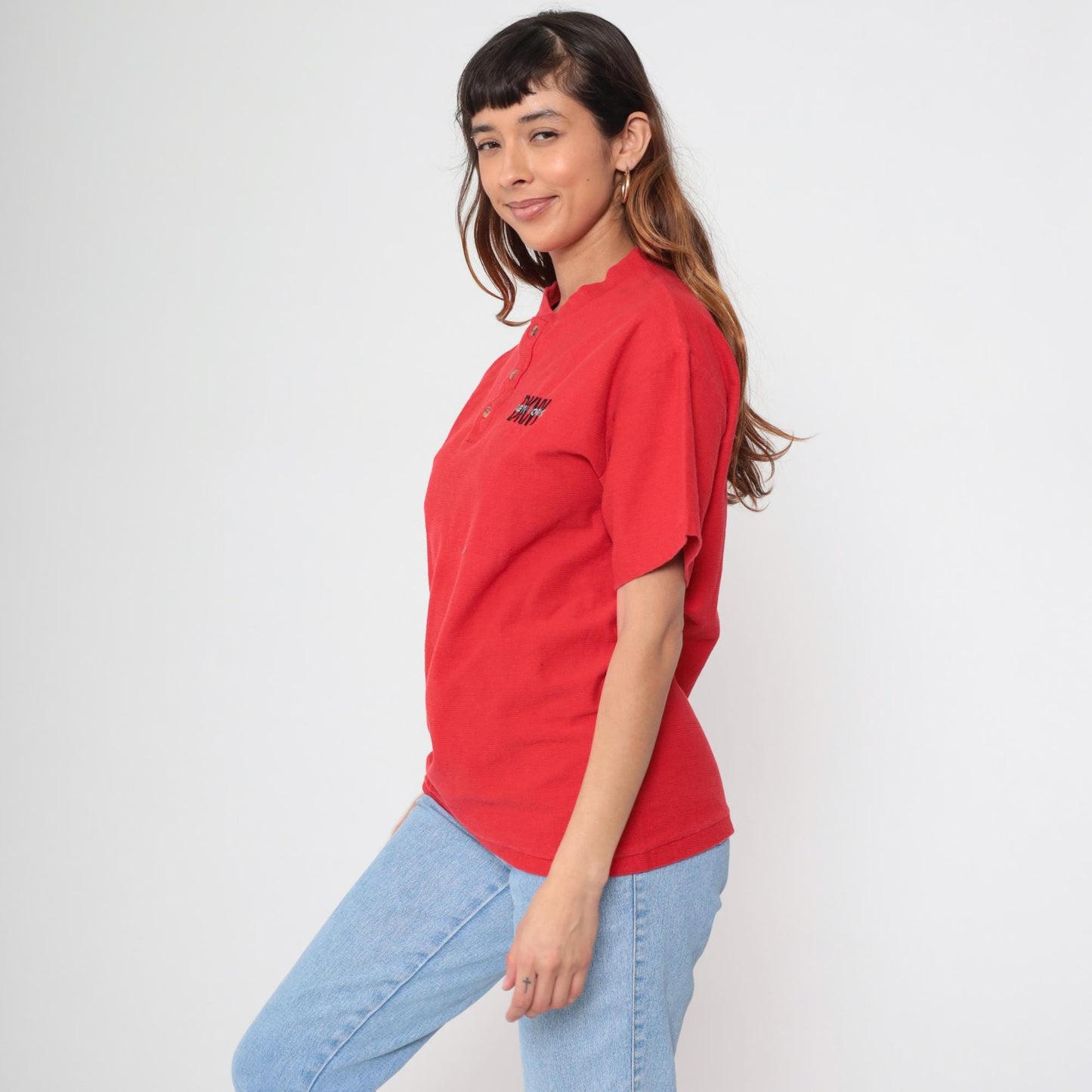 90s DKNY Henley Shirt Red Cotton Short Sleeve Button Up Medium M
