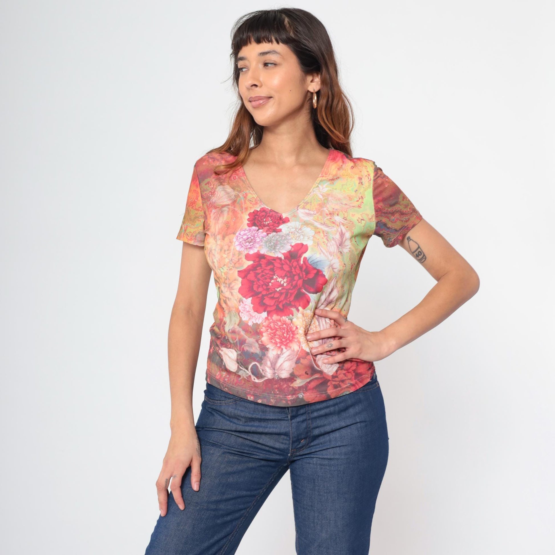 Y2K Floral Graphic V-Neck Blouse Short Sleeve Fitted Top Medium M