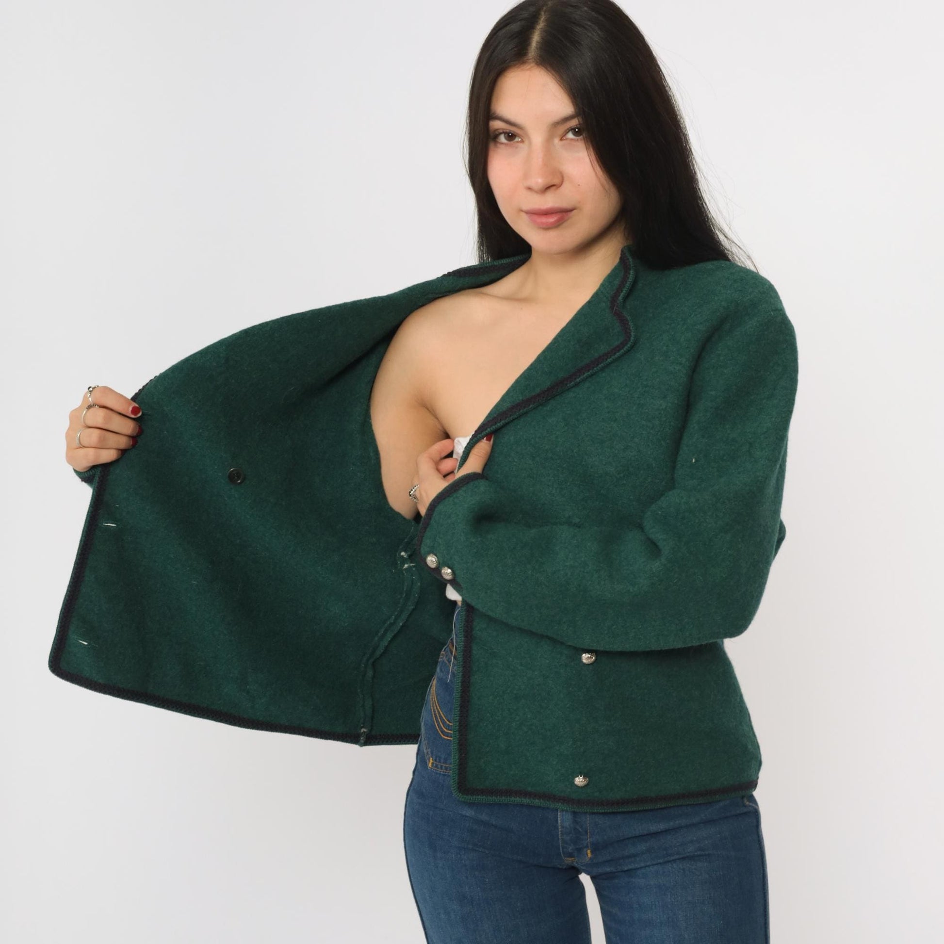 80s Lands' End Austrian Wool Jacket Double Breasted Green Tyrolean Blazer Large 12