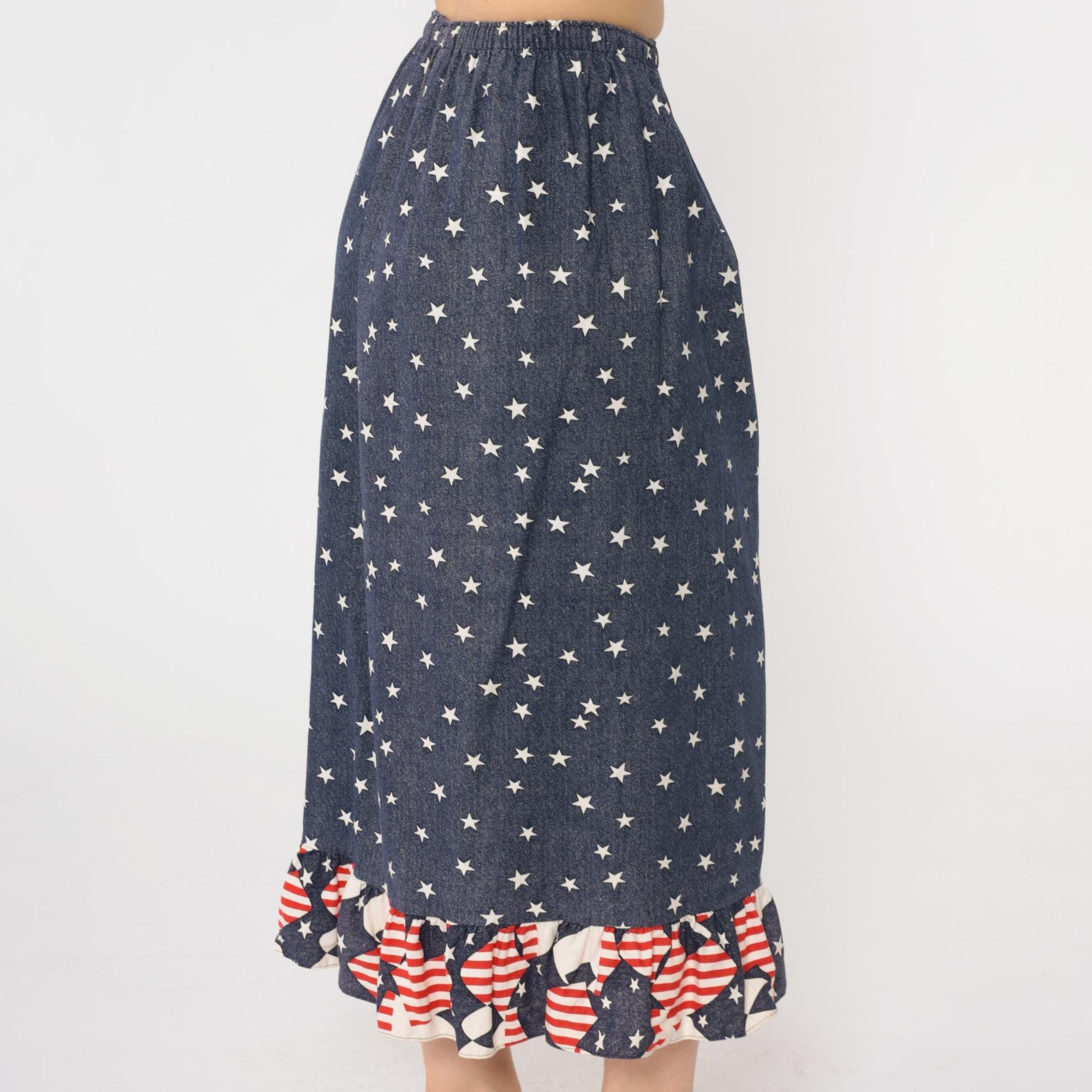 90s Patriotic Midi Skirt American Flag Star Print Ruffle Hem Red White Blue XS