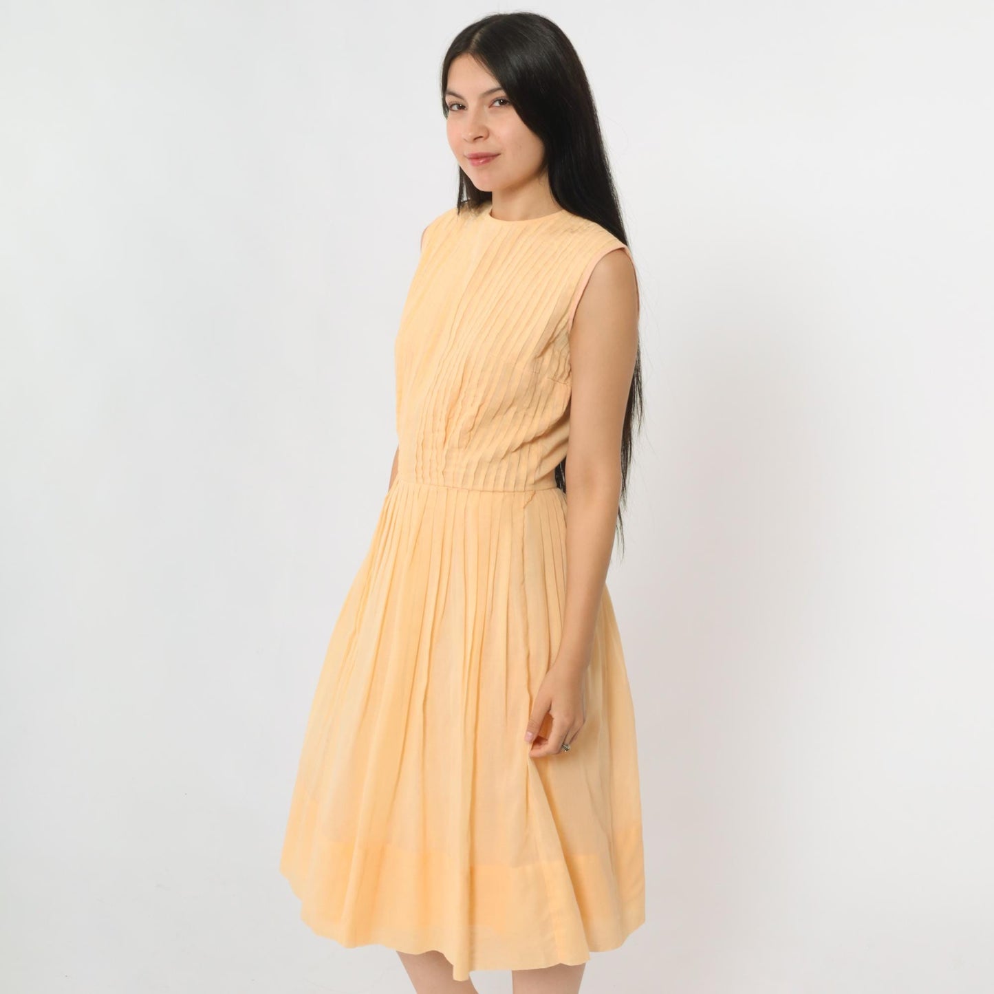 60s Peach Pleated Fit and Flare Midi Dress Sleeveless High Waist Small S