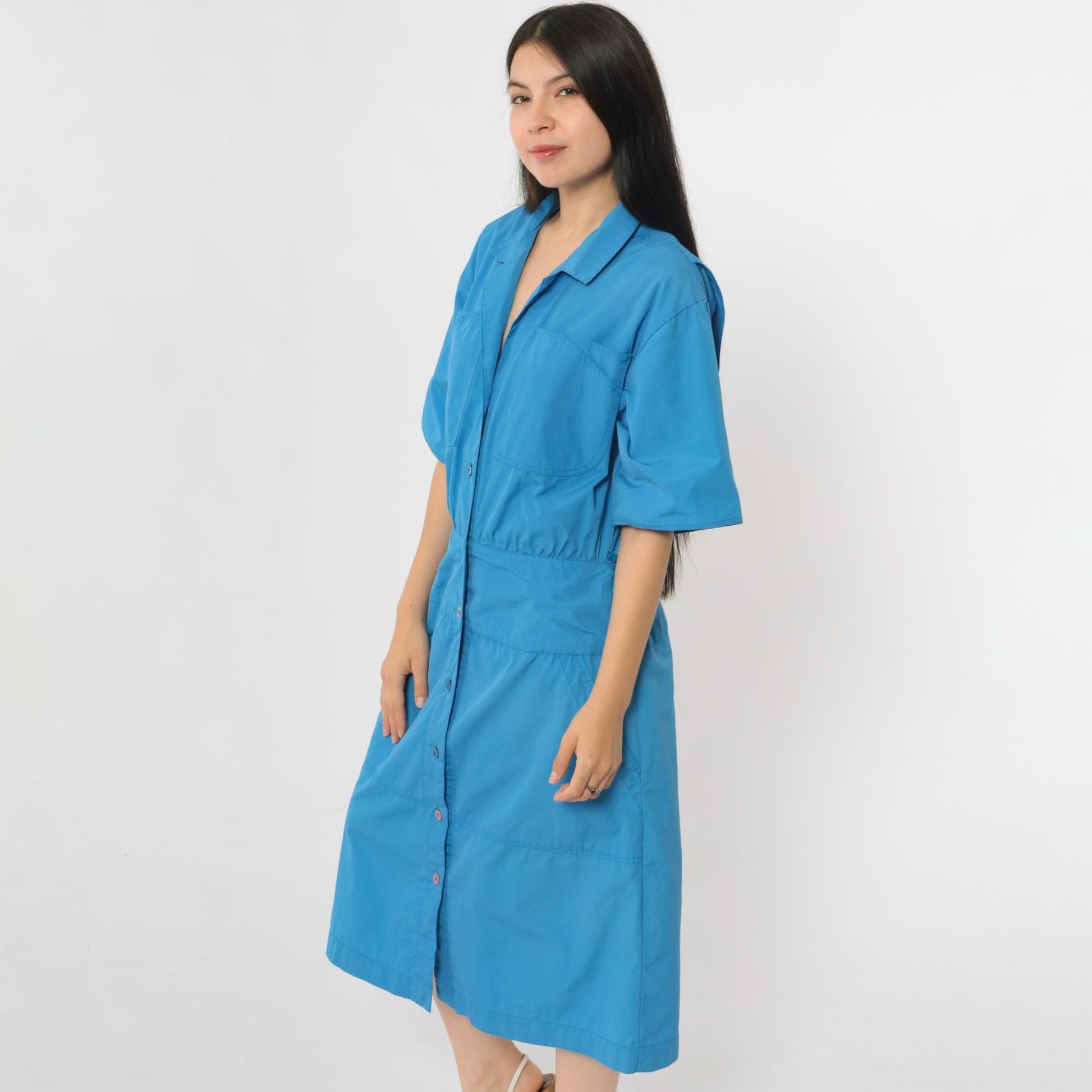 80s Blue Midi Shirt Dress Chest Pockets Half Sleeve Collared Medium