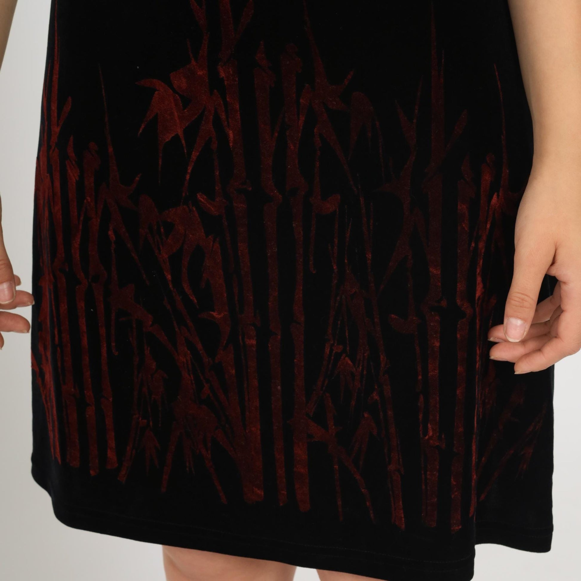 90s Groove USA Black Velvet Mini Dress Bamboo Print Scoop Neck Medium M
