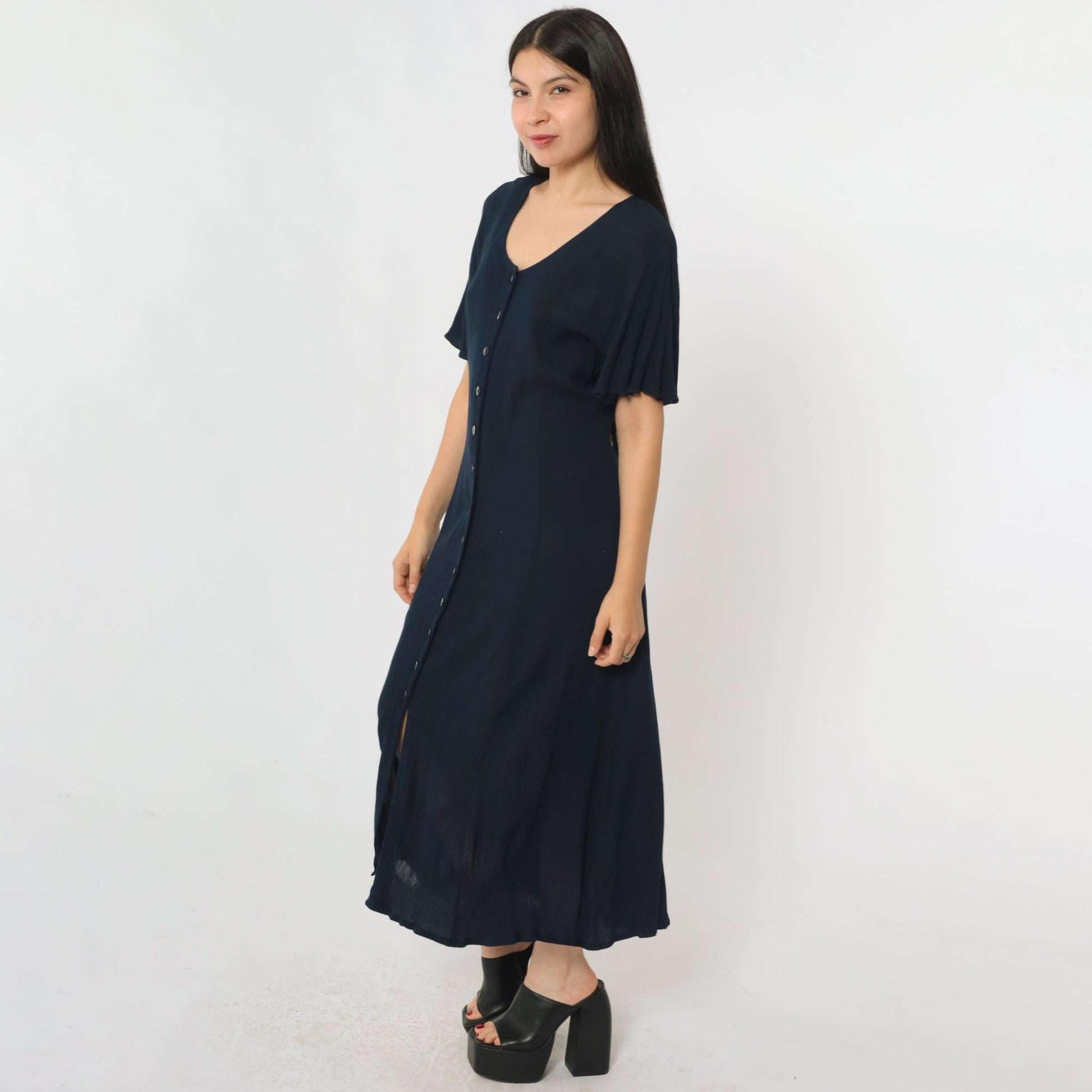 90s Navy Crinkled Rayon Button-Up Shirtdress Ankle Length Medium