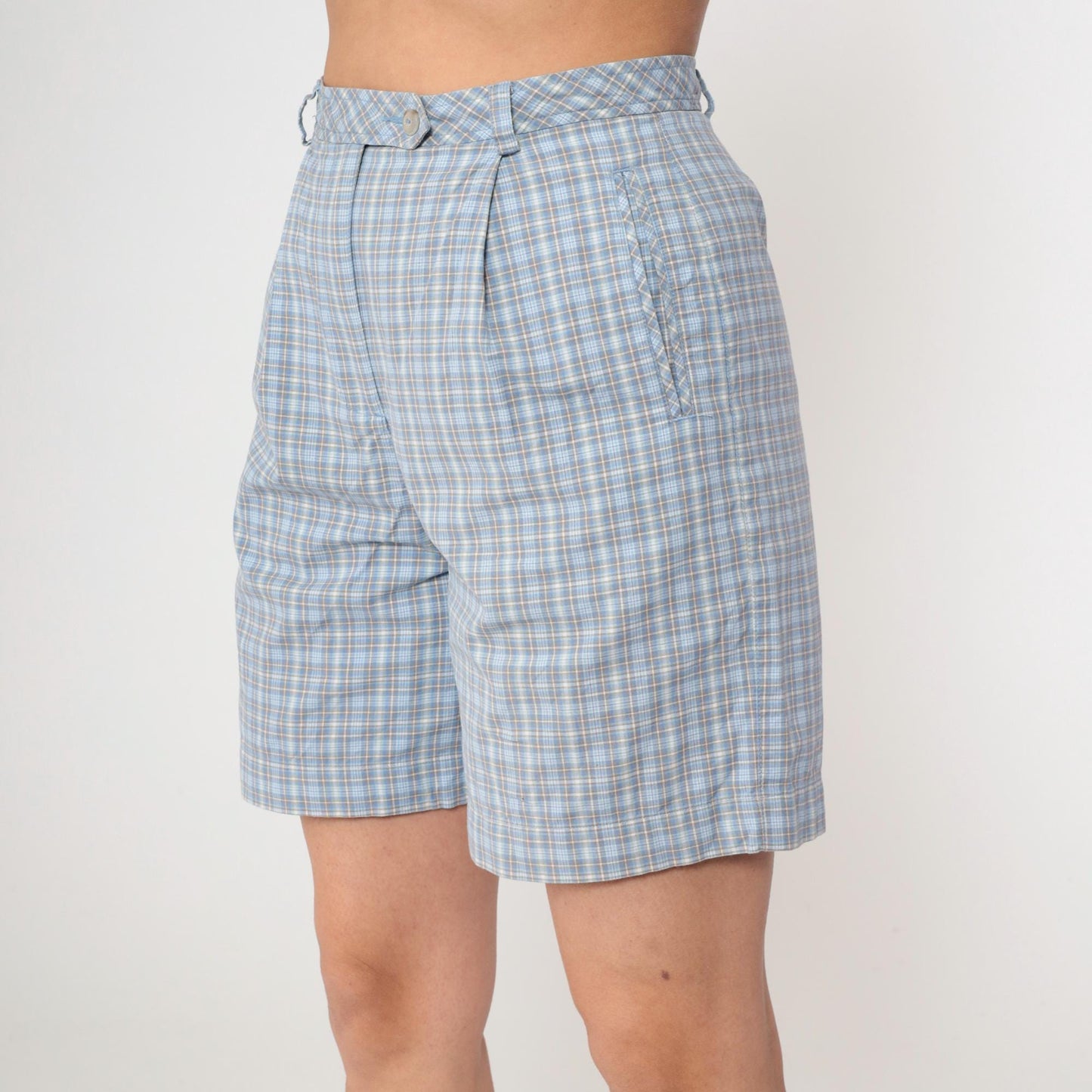90s Liz Golf Plaid Shorts Light Blue High Waisted Pleated Small