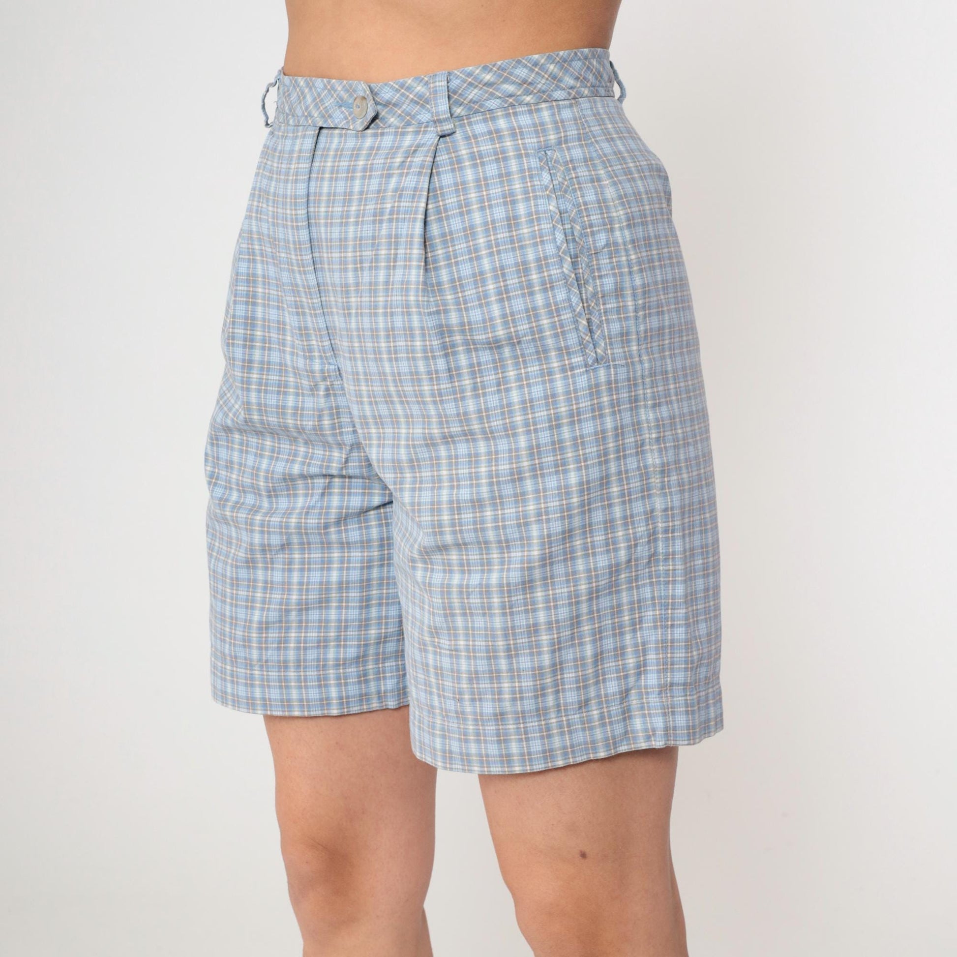 90s Liz Golf Plaid Shorts Light Blue High Waisted Pleated Small