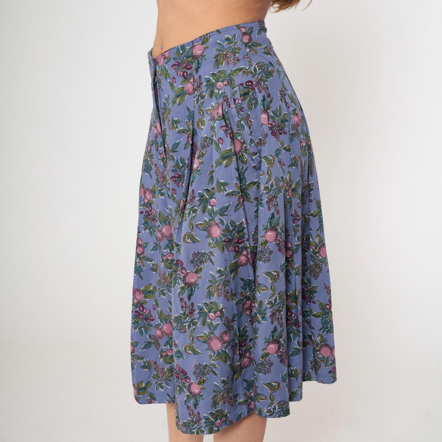 90s Cambridge Dry Goods Culotte Pants Purple Fruit Print High Waist Pleated Medium