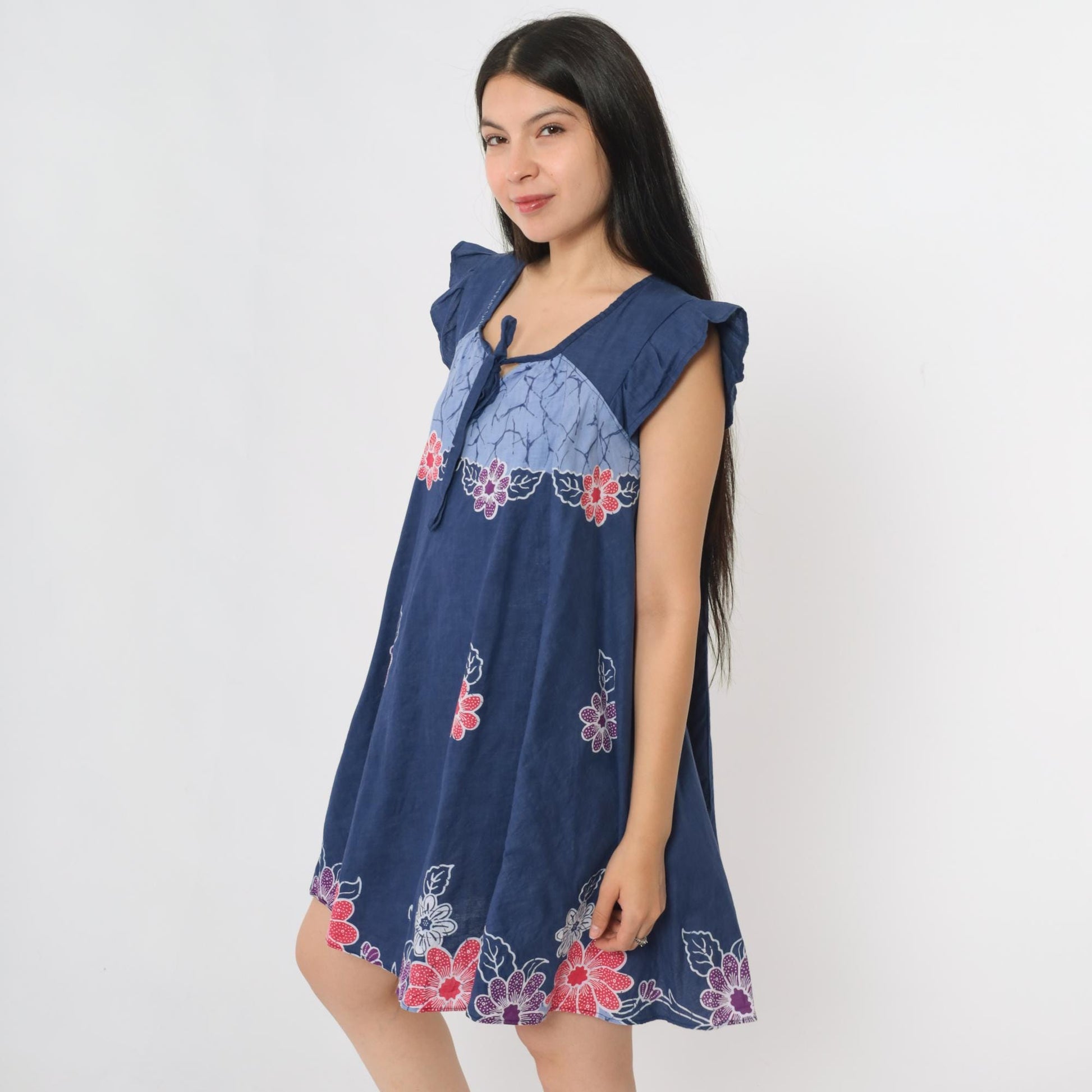 90s Batik Floral Blue Mini Dress Cap Sleeve Tie Neck Trapeze Small S