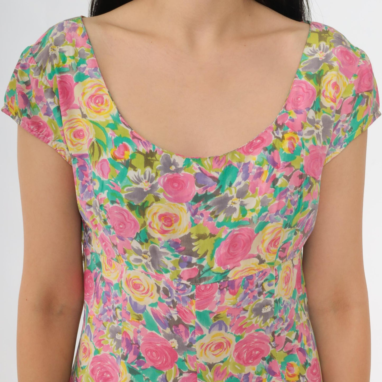 90s Paris Blues Floral Mini Dress Empire Waist Fit Flare Pink Blue Small