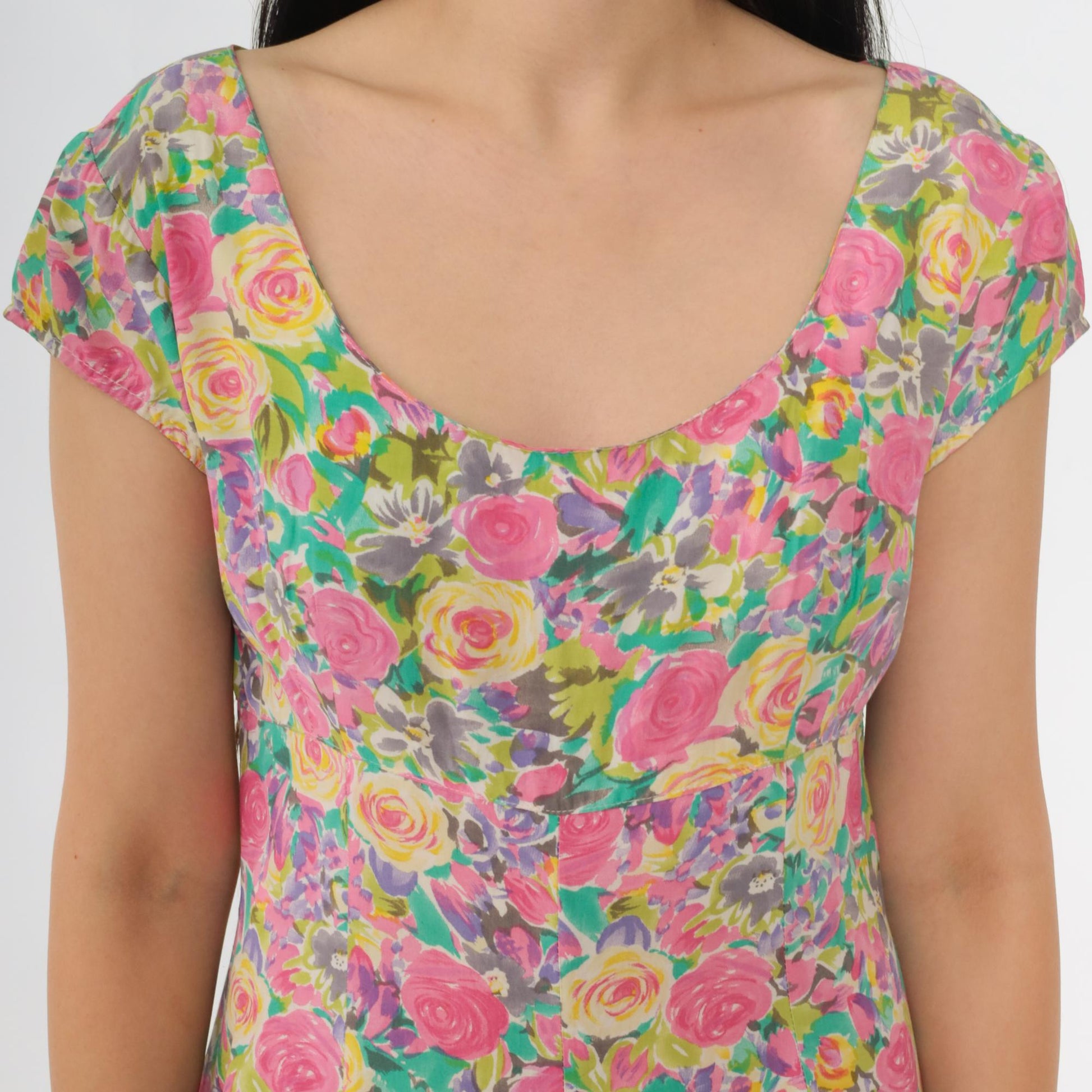 90s Paris Blues Floral Mini Dress Empire Waist Fit Flare Pink Blue Small