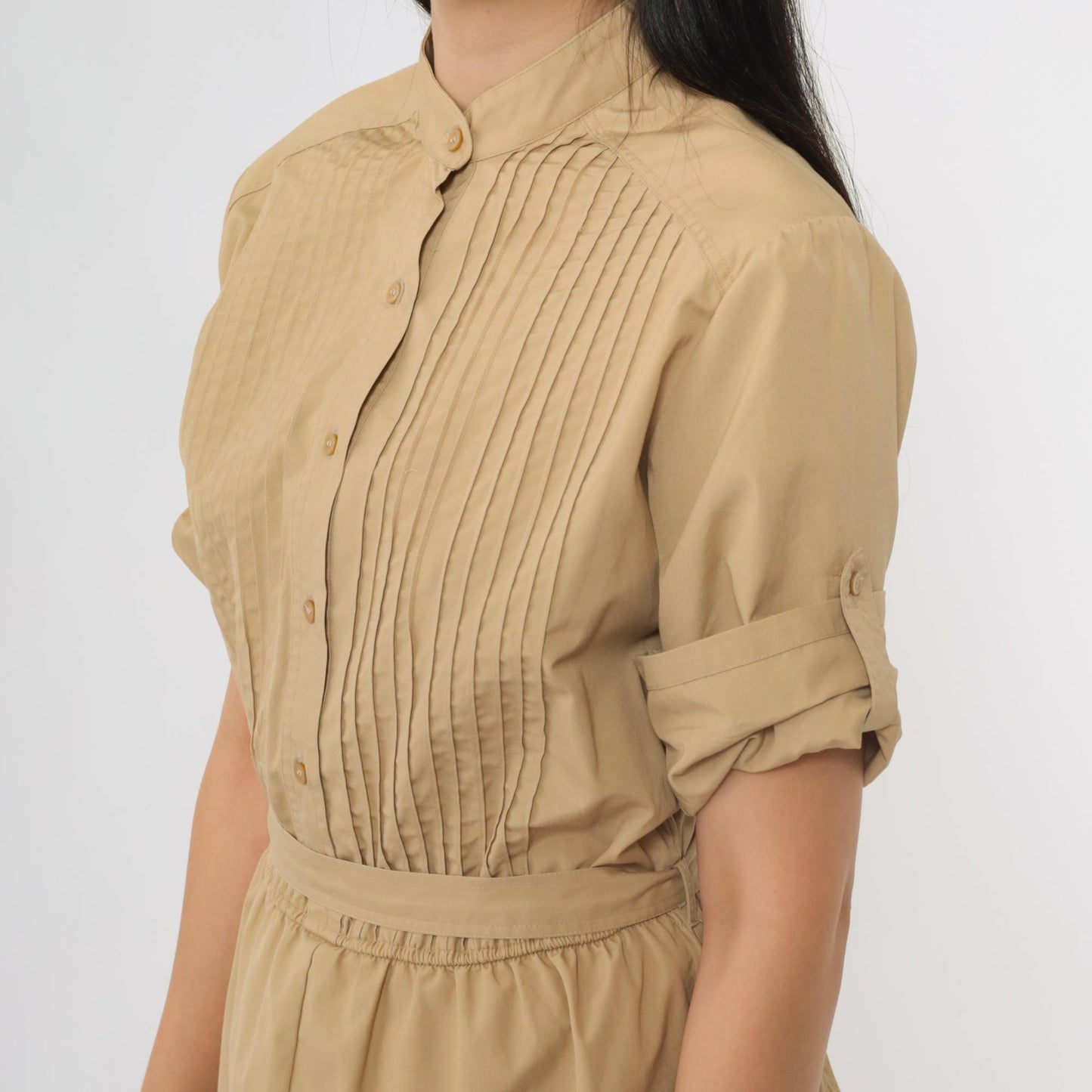 80s Tan Utility Shirtdress Midi Pintuck High Waist Button Up Medium