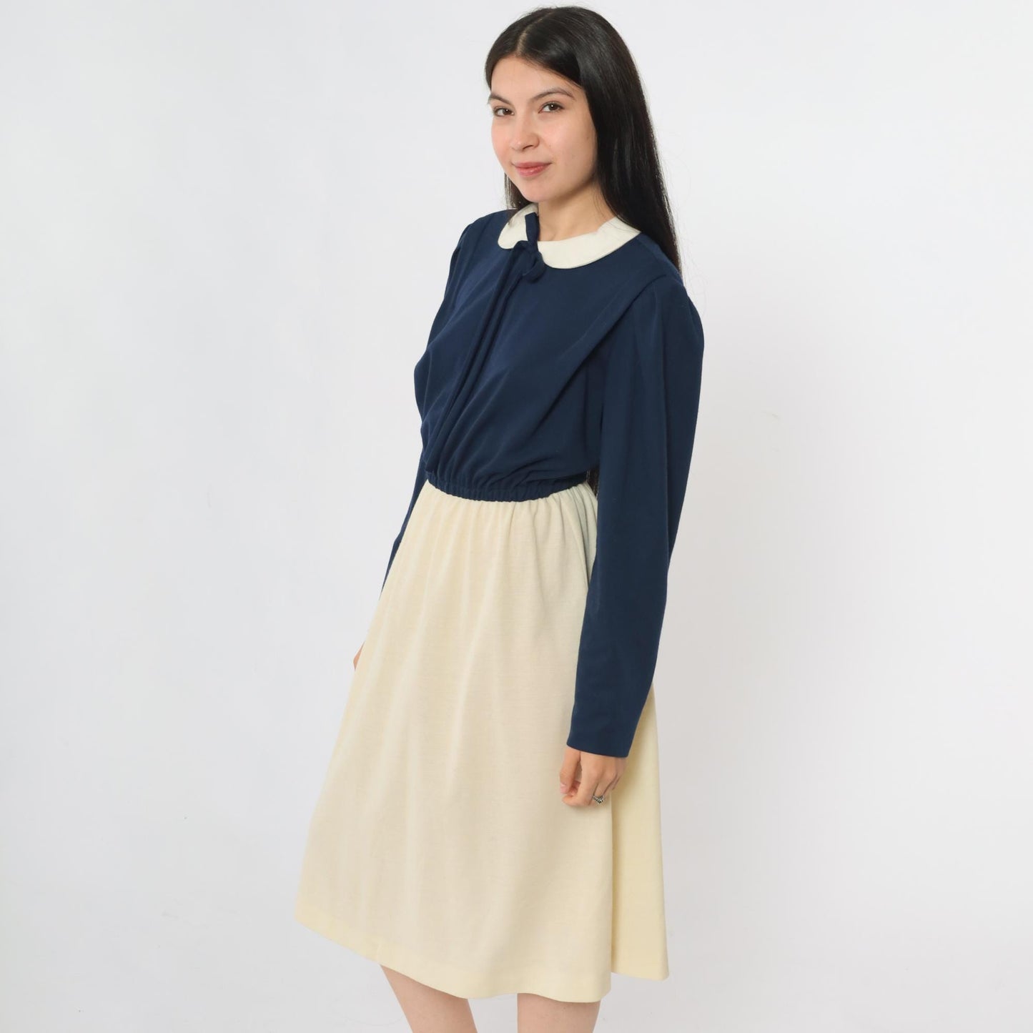 70s Checkaberry Two-Tone Midi Dress Peter Pan Collar Puff Sleeve Navy Cream Medium Large
