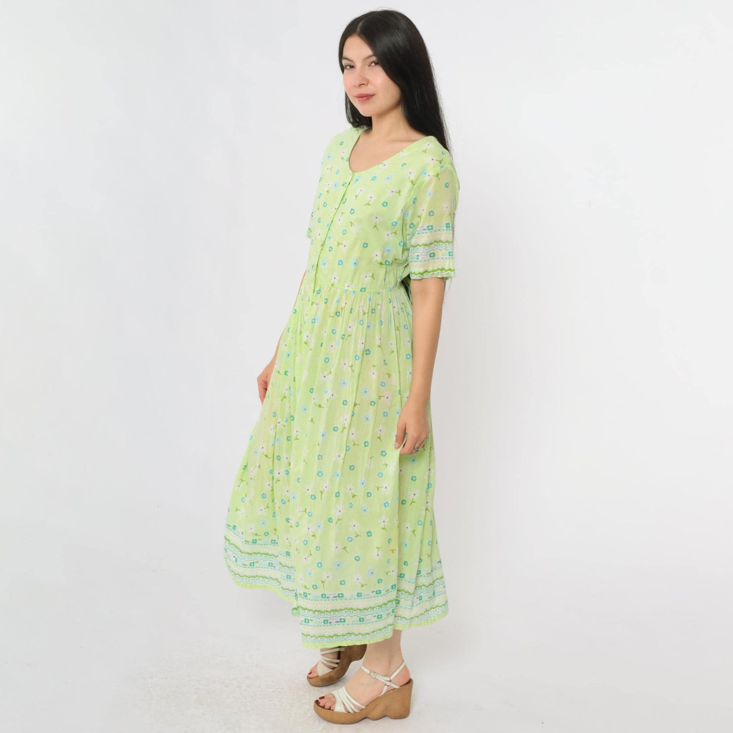 90s La Cera Lime Green Floral Midi Dress Cotton Button-Up High Waist Large