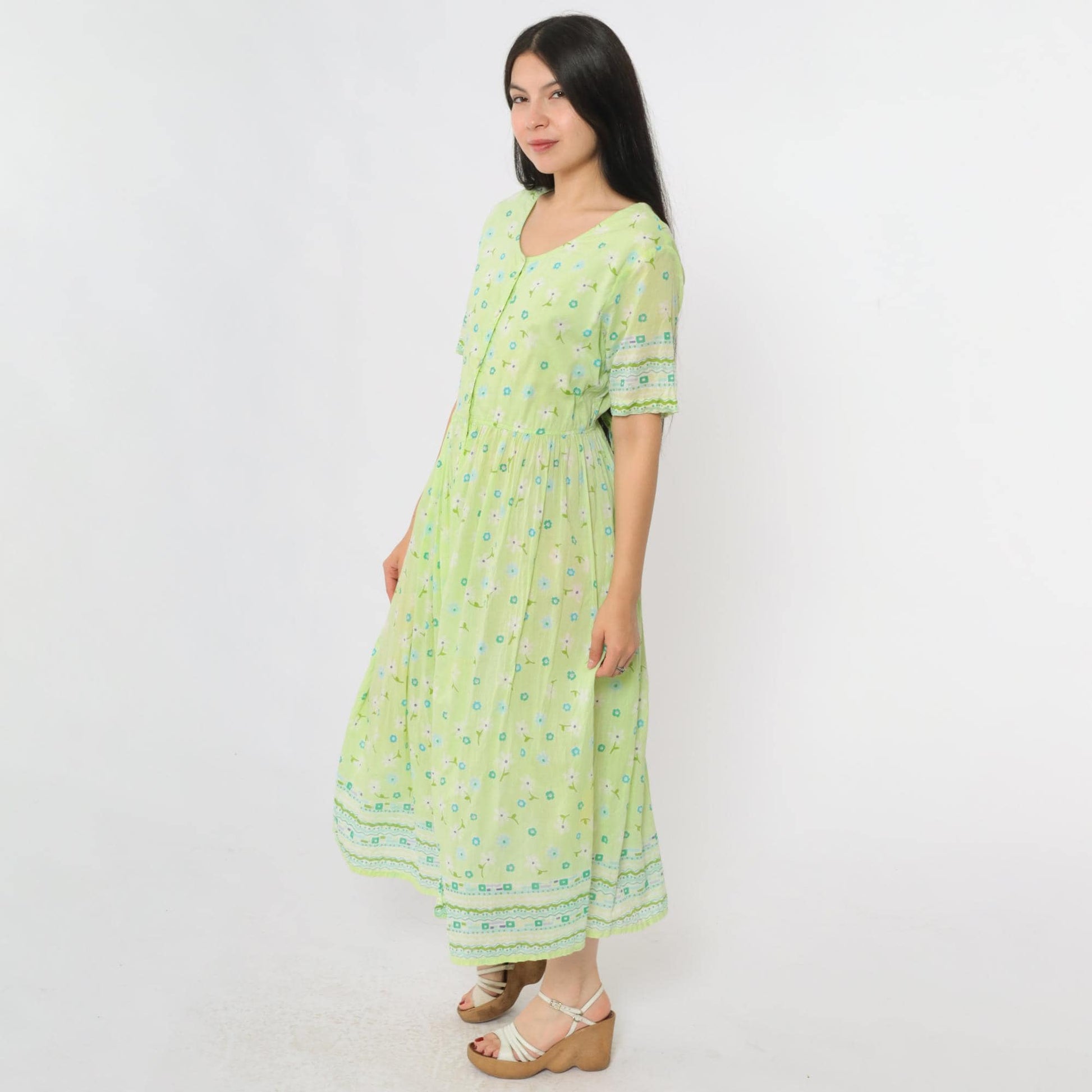 90s La Cera Lime Green Floral Midi Dress Cotton Button-Up High Waist Large
