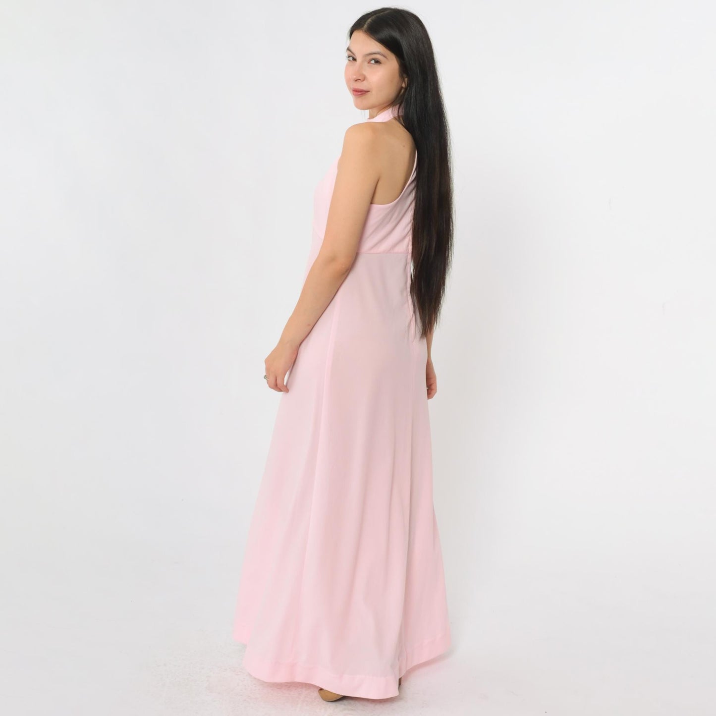 70s Pink Halter Maxi Dress Racerback Empire Waist XS