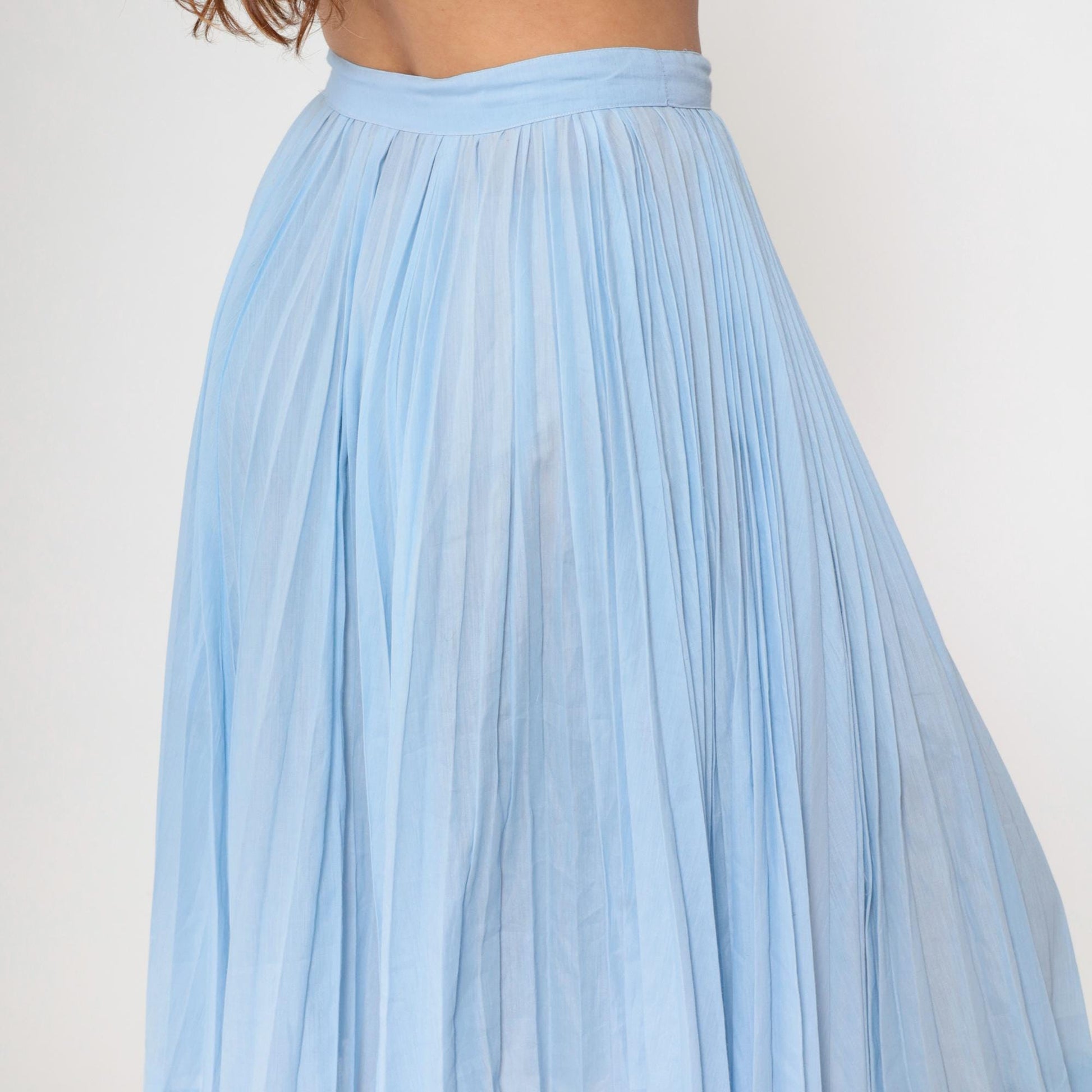 60s Light Blue Pleated High-Waist Midi Skirt Semi-Sheer Medium 8